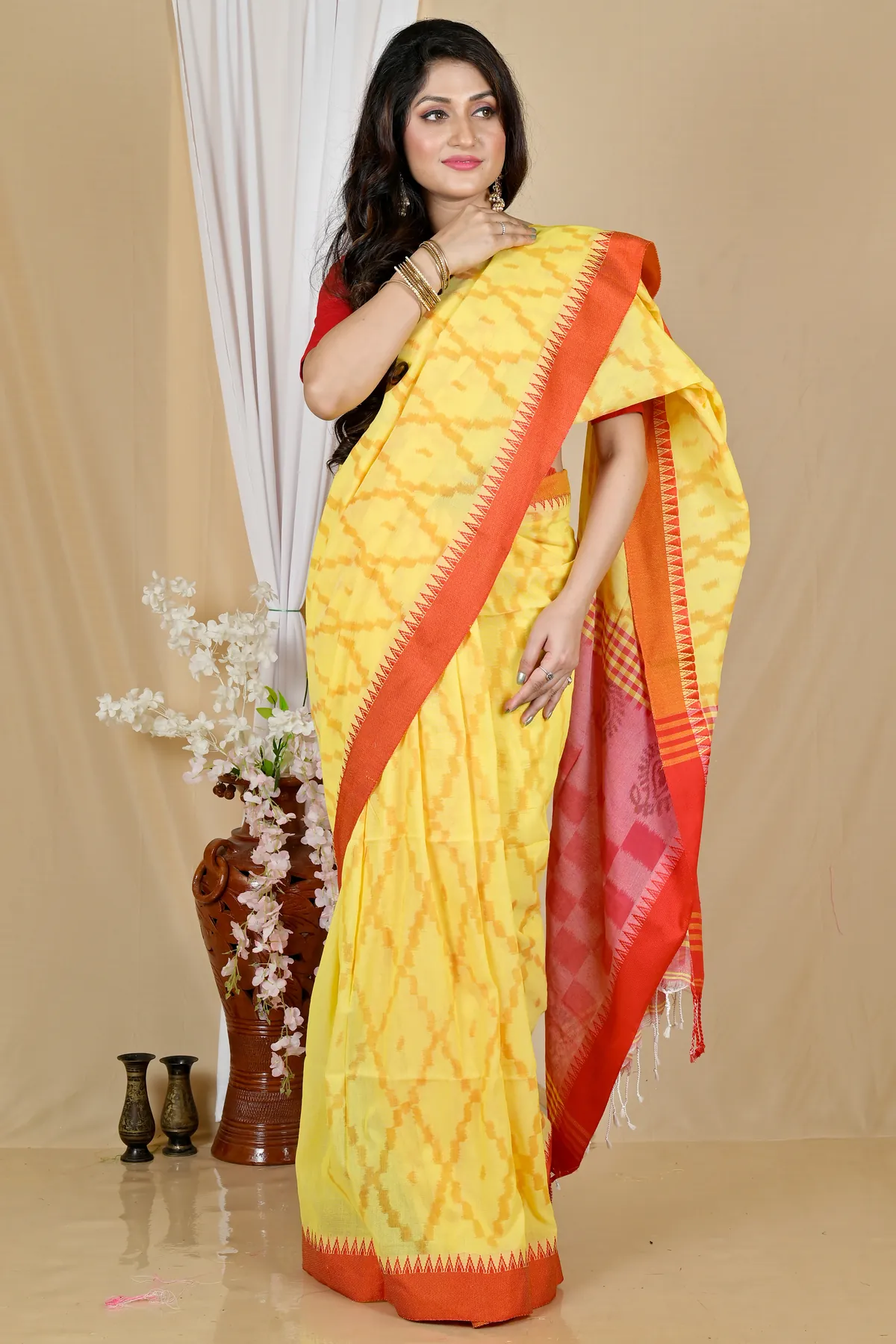 DipDiya Pure Cotton Yellow Red Seuma Timeless Bengal Handloom Sarees