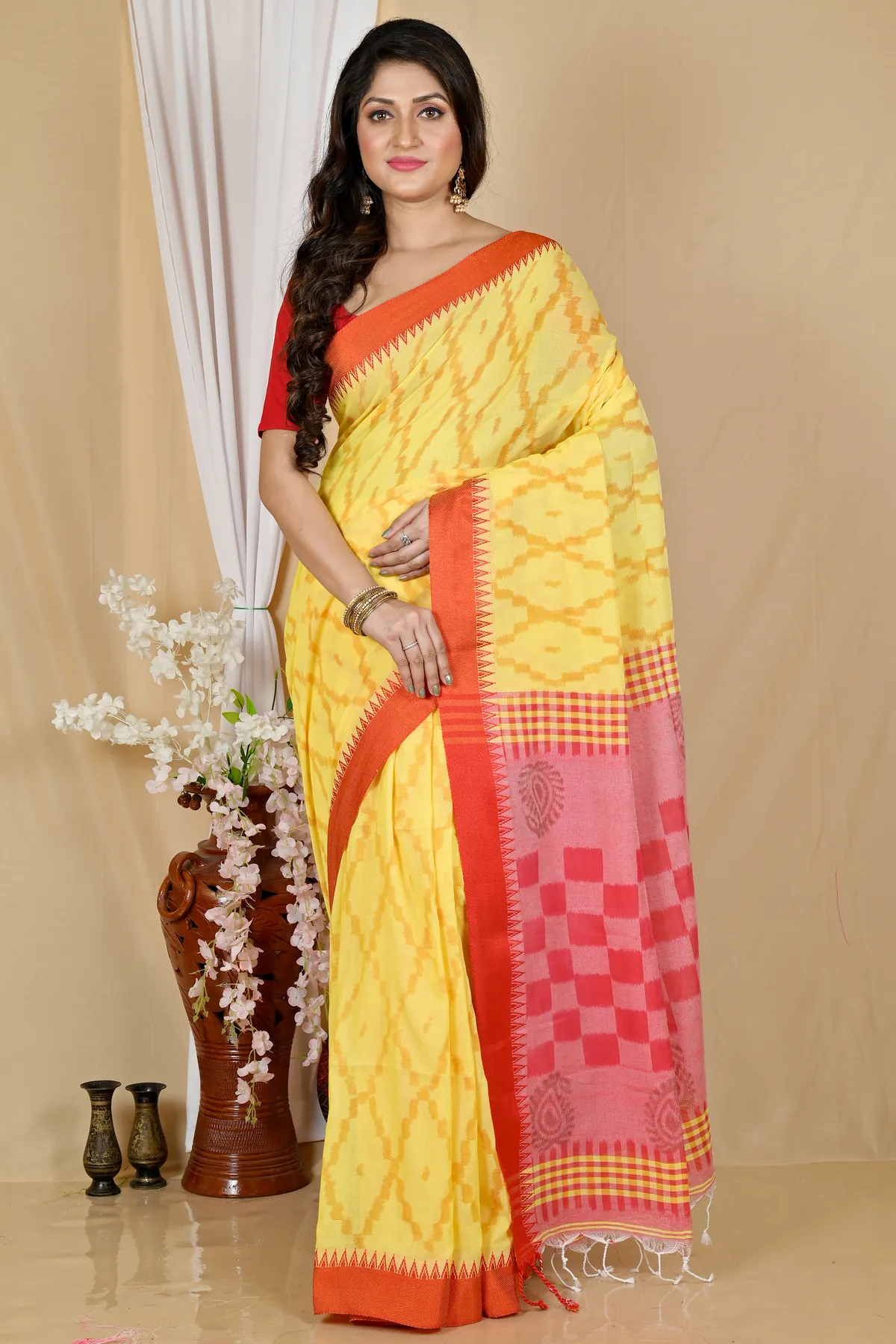 DipDiya Pure Cotton Yellow Red Seuma Timeless Bengal Handloom Sarees