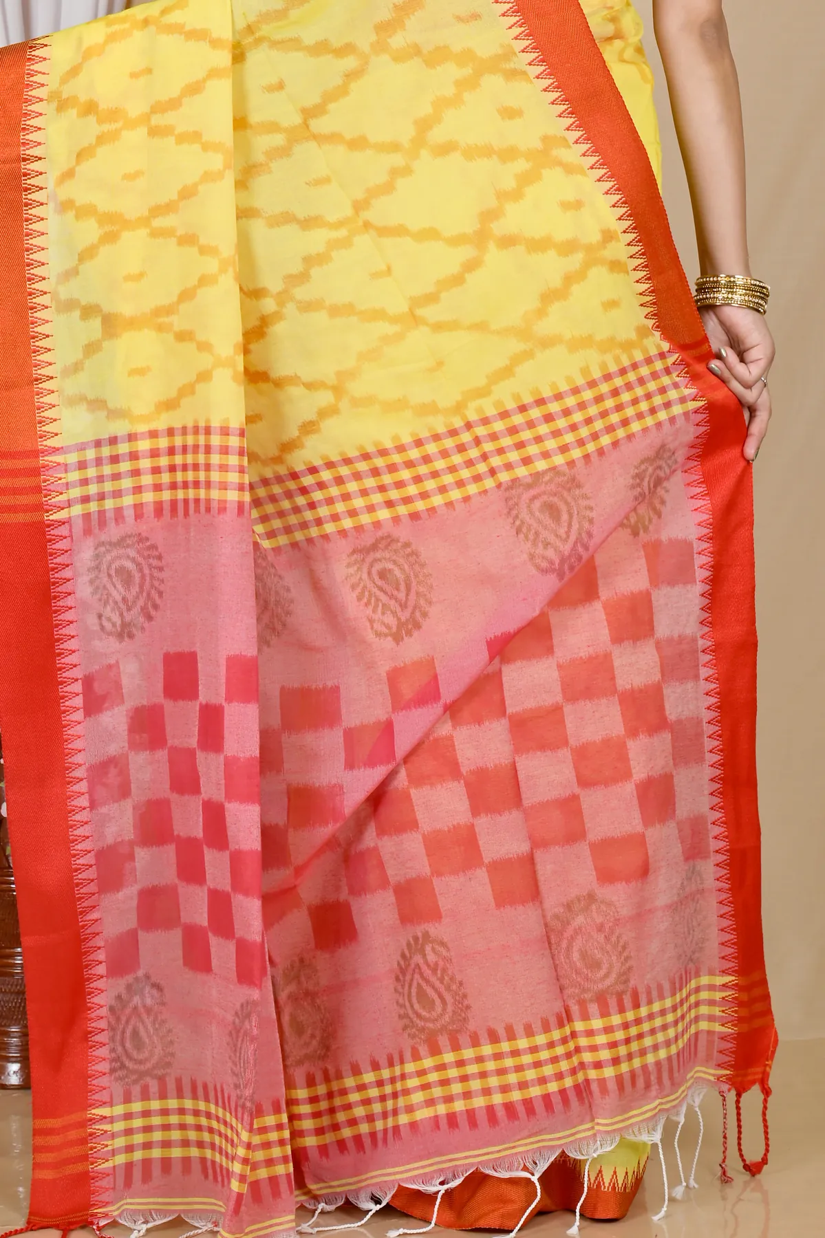 DipDiya Pure Cotton Yellow Red Seuma Timeless Bengal Handloom Sarees