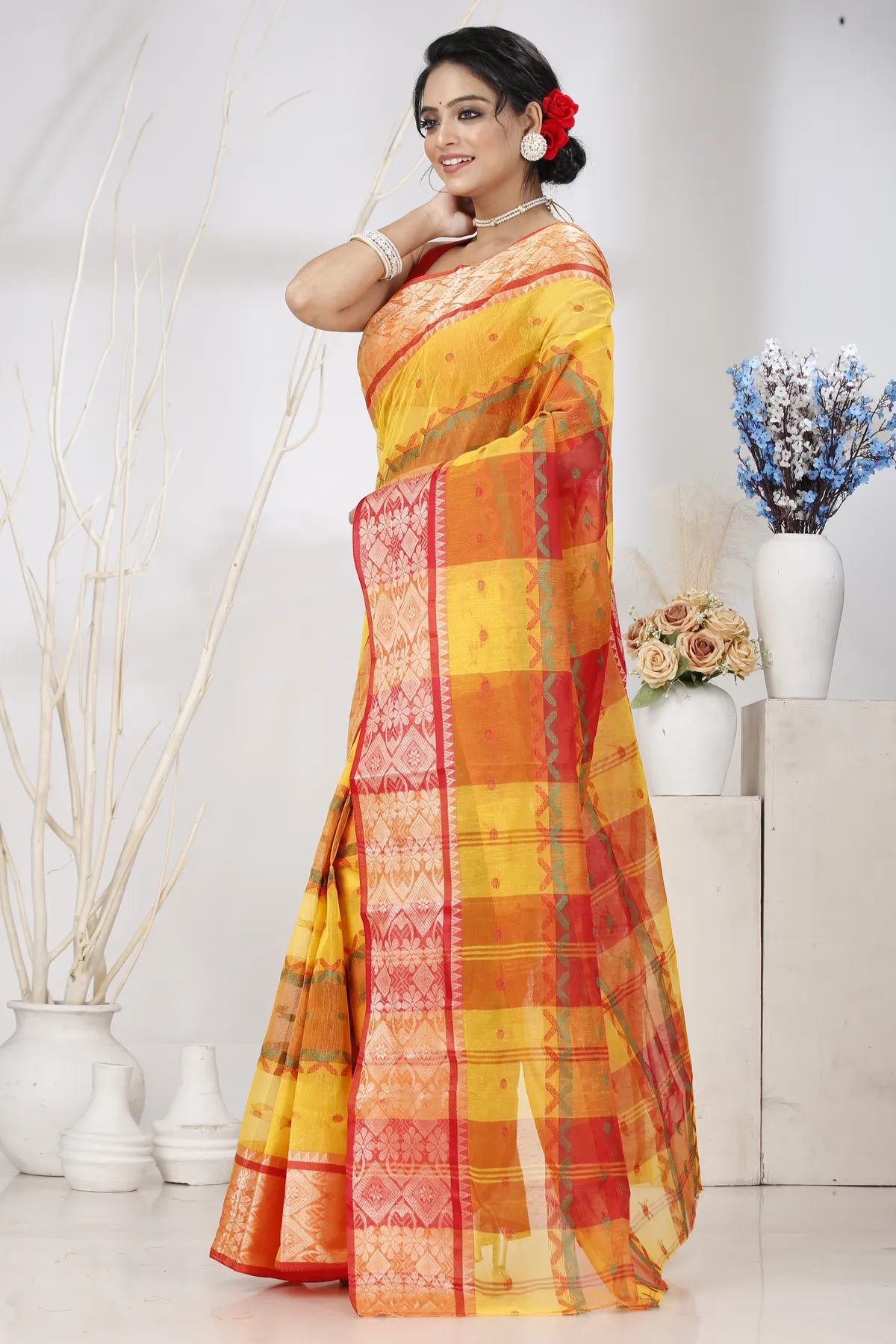 DipDiya Pure Cotton Yellow Red SonaJhuri Desiging Handcrafted Elegance Tant Sarees