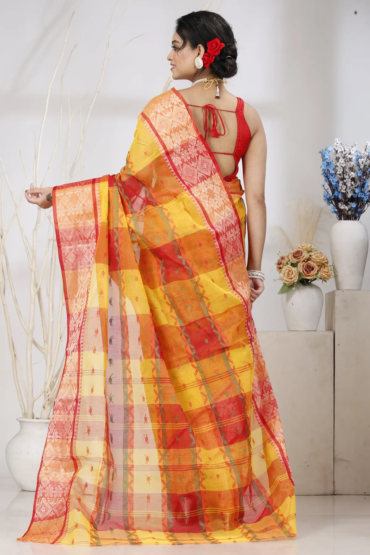 DipDiya Pure Cotton Yellow Red SonaJhuri Desiging Handcrafted Elegance Tant Sarees