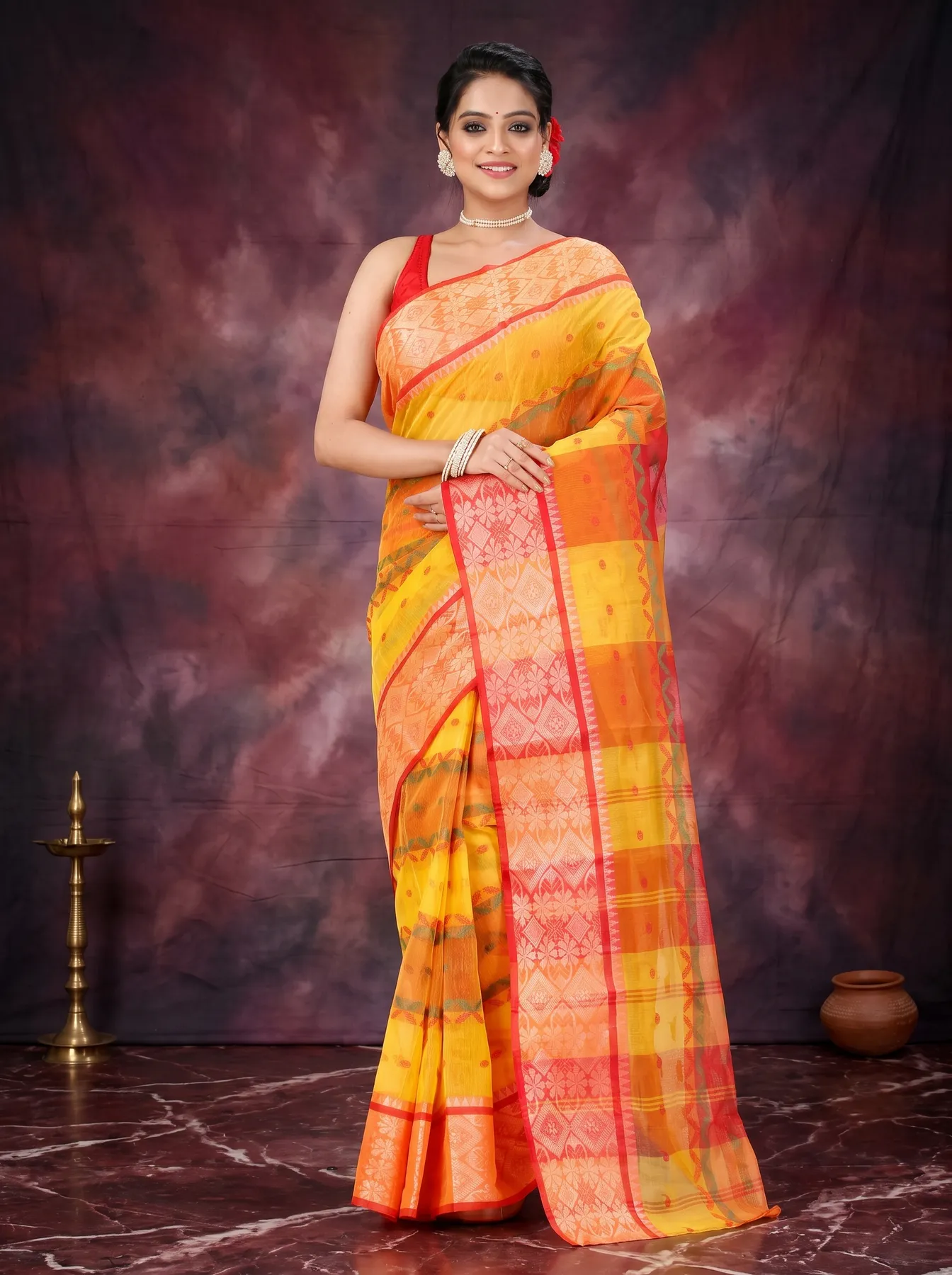 DipDiya Pure Cotton Yellow Red SonaJhuri Desiging Handcrafted Elegance Tant Sarees