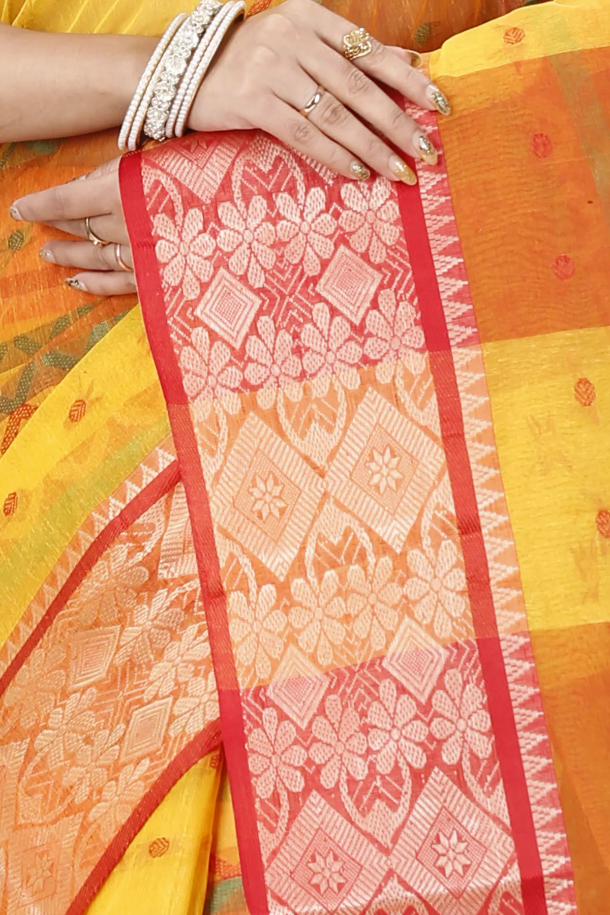 DipDiya Pure Cotton Yellow Red SonaJhuri Desiging Handcrafted Elegance Tant Sarees