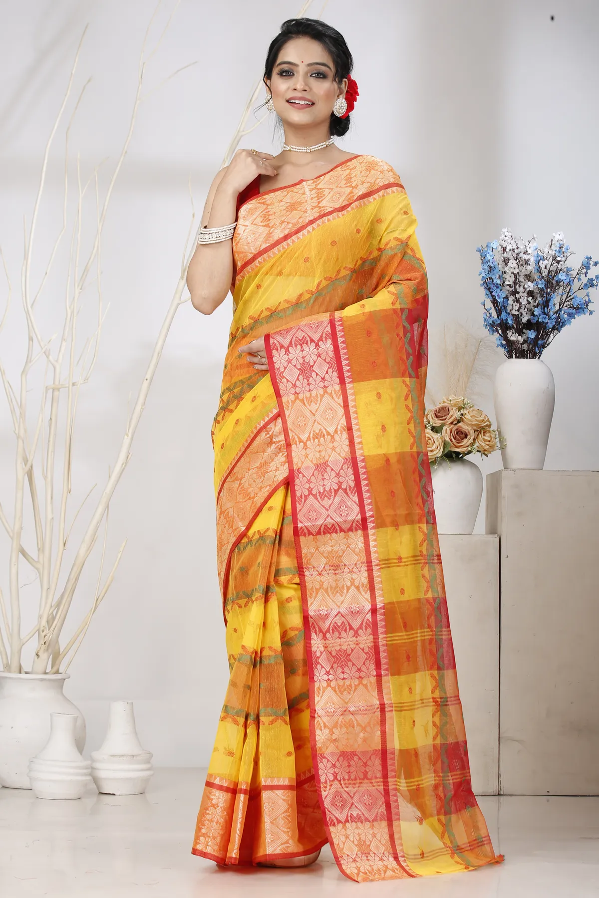 DipDiya Pure Cotton Yellow Red SonaJhuri Desiging Handcrafted Elegance Tant Sarees