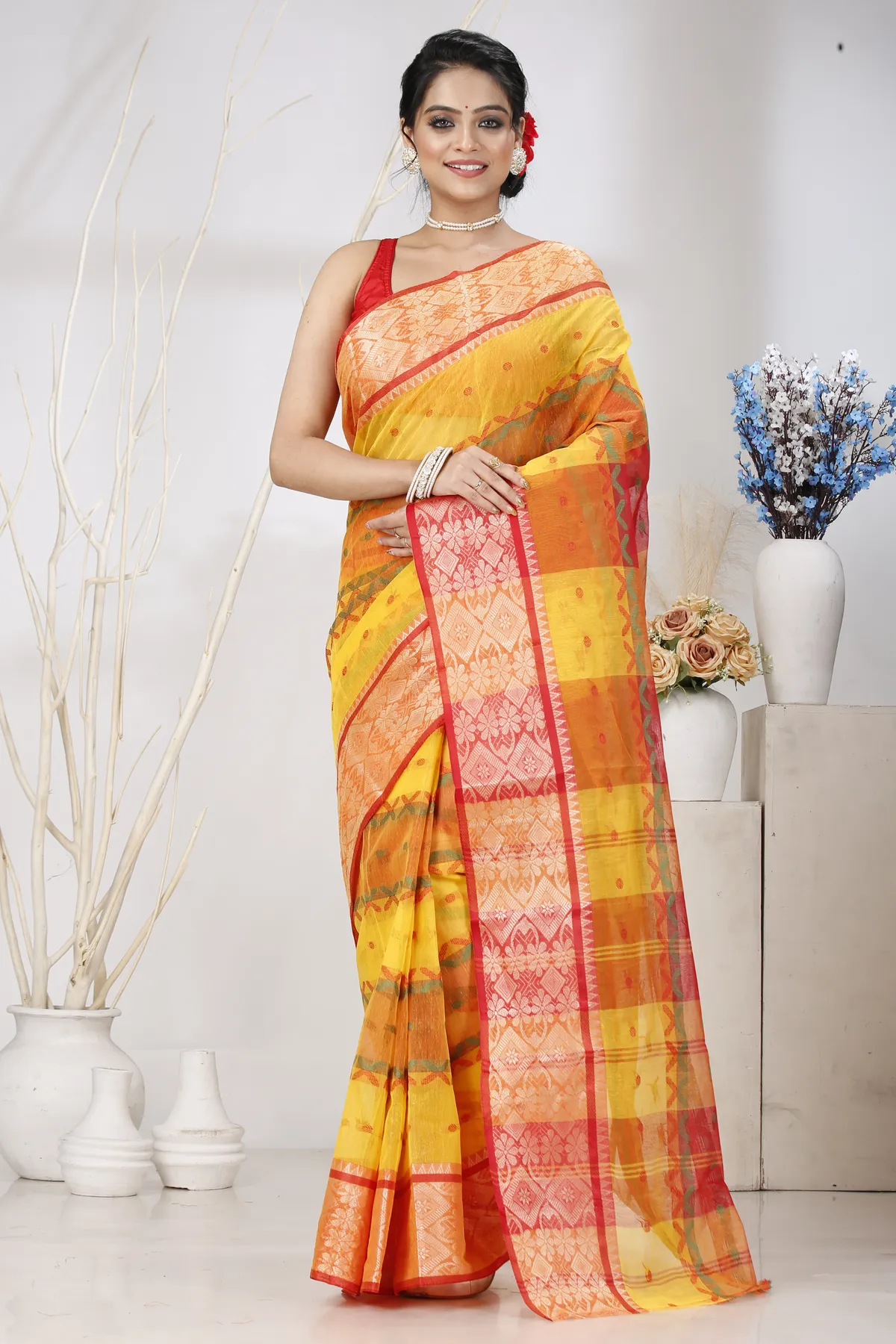 DipDiya Pure Cotton Yellow Red SonaJhuri Desiging Handcrafted Elegance Tant Sarees