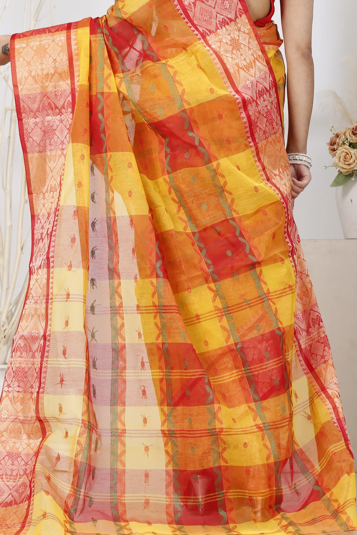 DipDiya Pure Cotton Yellow Red SonaJhuri Desiging Handcrafted Elegance Tant Sarees