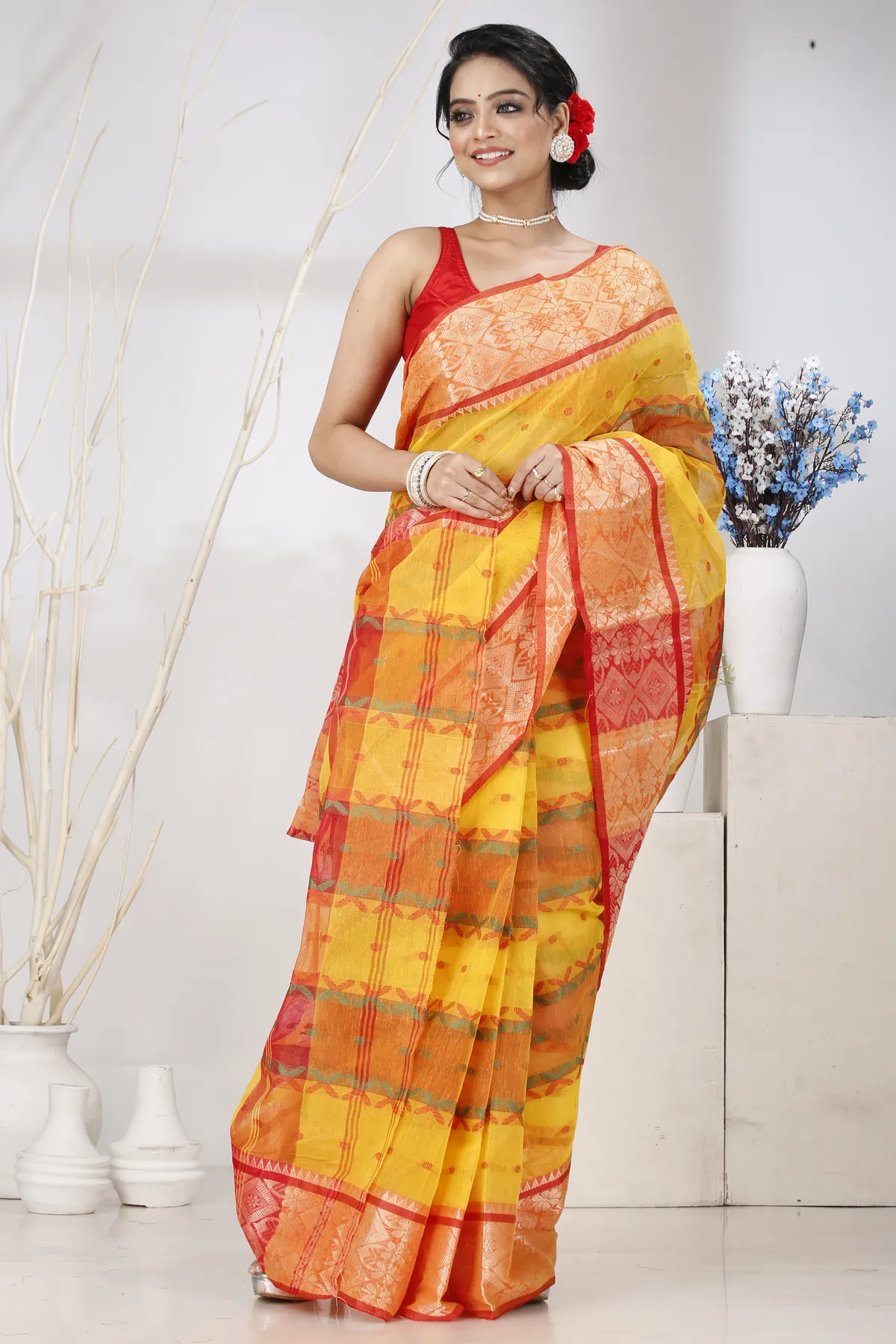 DipDiya Pure Cotton Yellow Red SonaJhuri Desiging Handcrafted Elegance Tant Sarees
