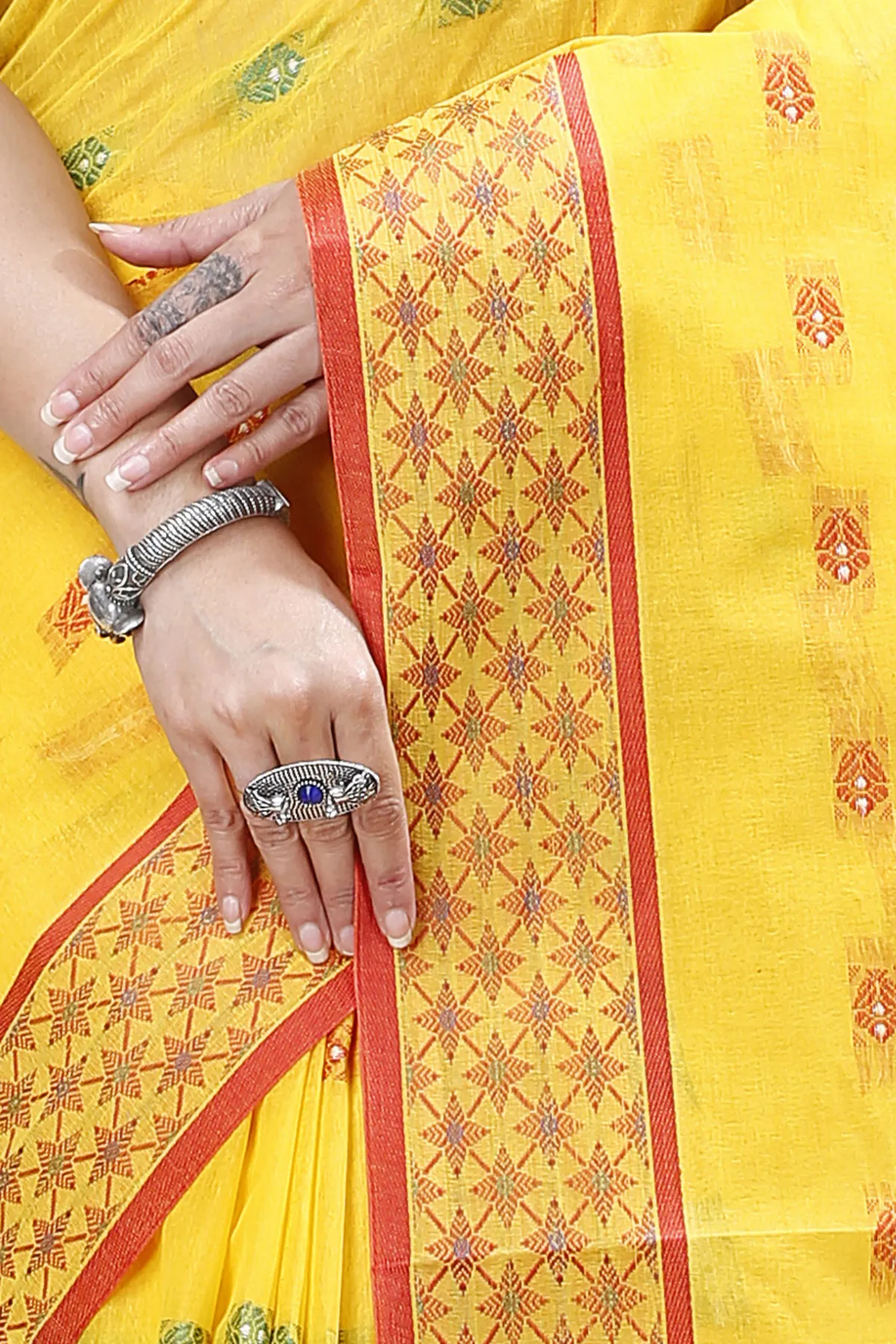 DipDiya Pure Cotton Yellow Reese Traditional Bengali Tant Sarees