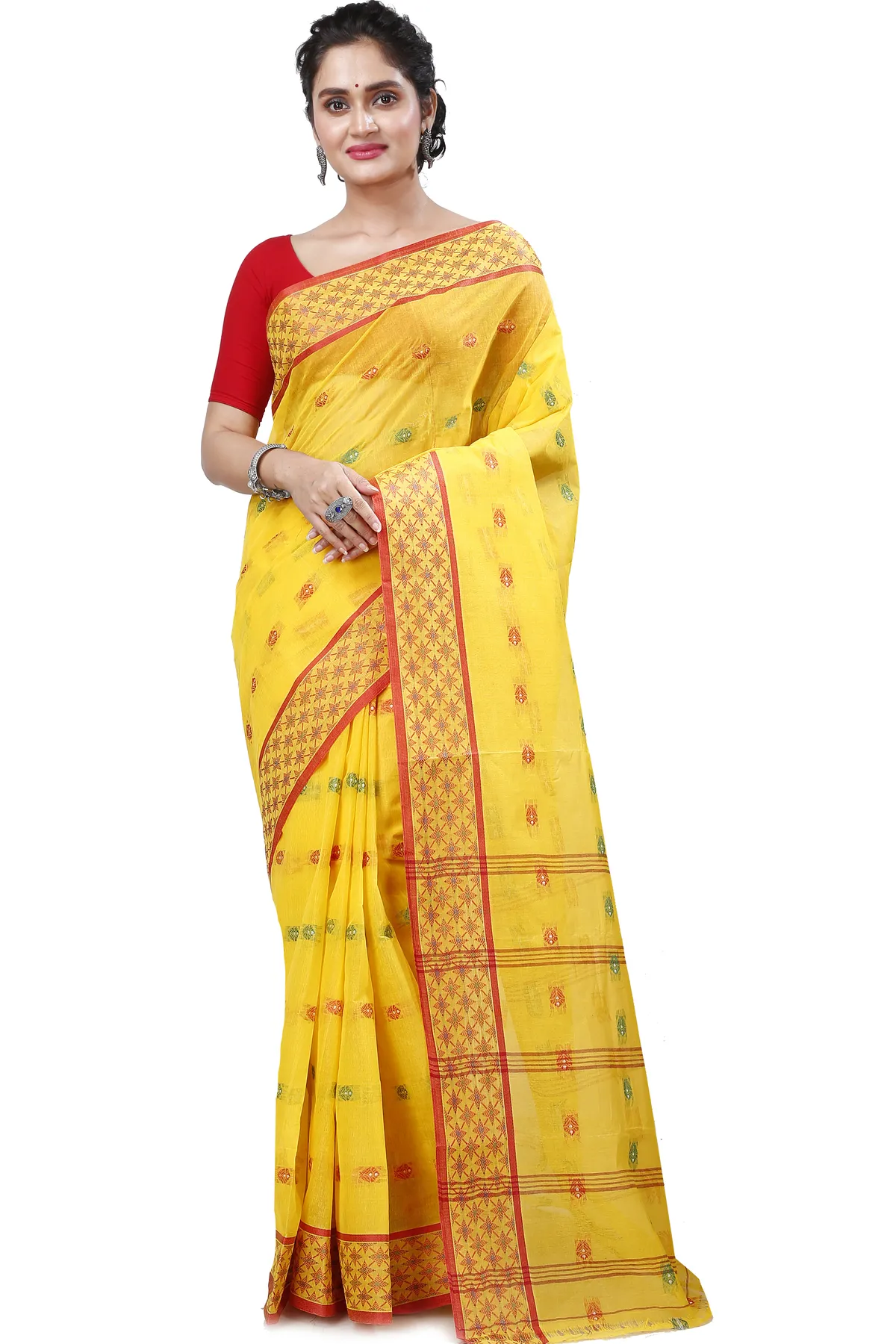 DipDiya Pure Cotton Yellow Reese Traditional Bengali Tant Sarees