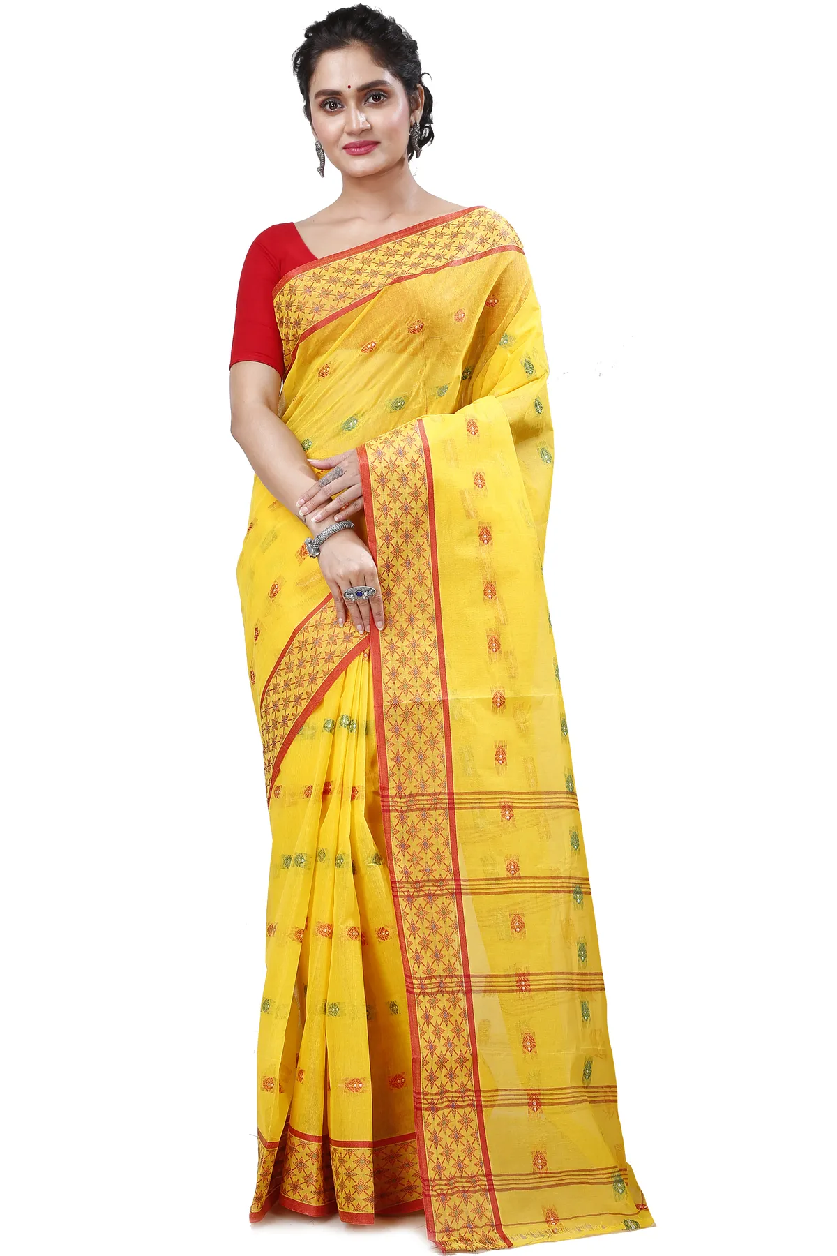 DipDiya Pure Cotton Yellow Reese Traditional Bengali Tant Sarees