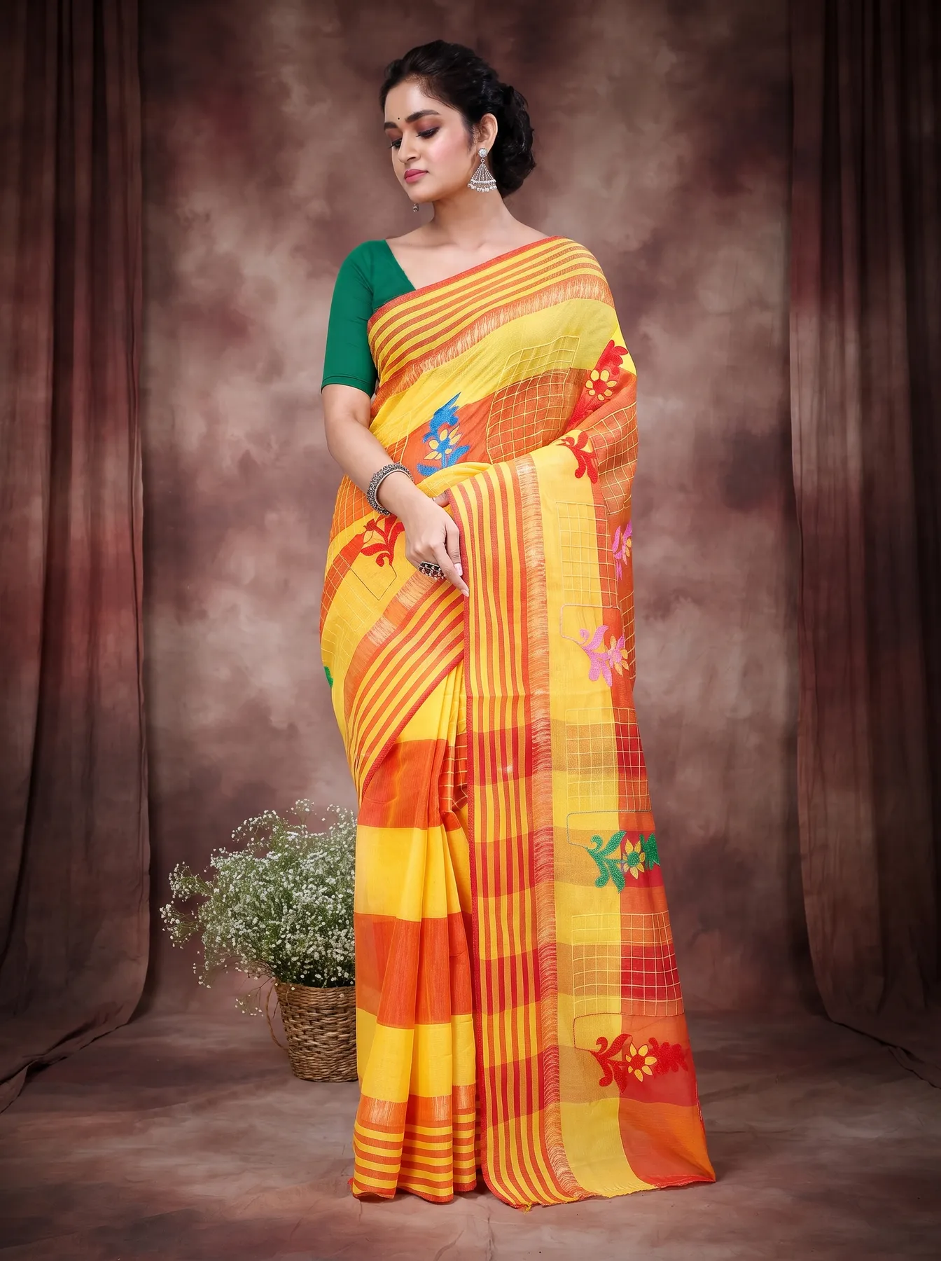 DipDiya Pure Cotton Yellow Rivka Bengal in Every Thread Embroidery Tant Sarees