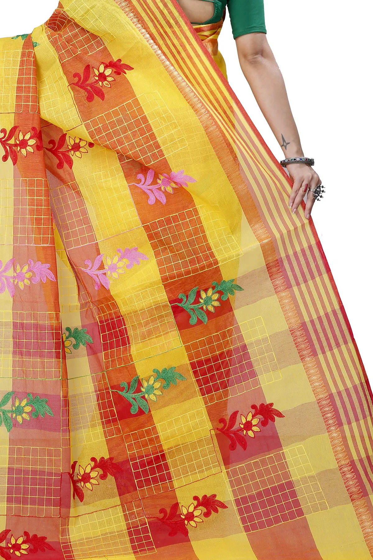 DipDiya Pure Cotton Yellow Rivka Bengal in Every Thread Embroidery Tant Sarees