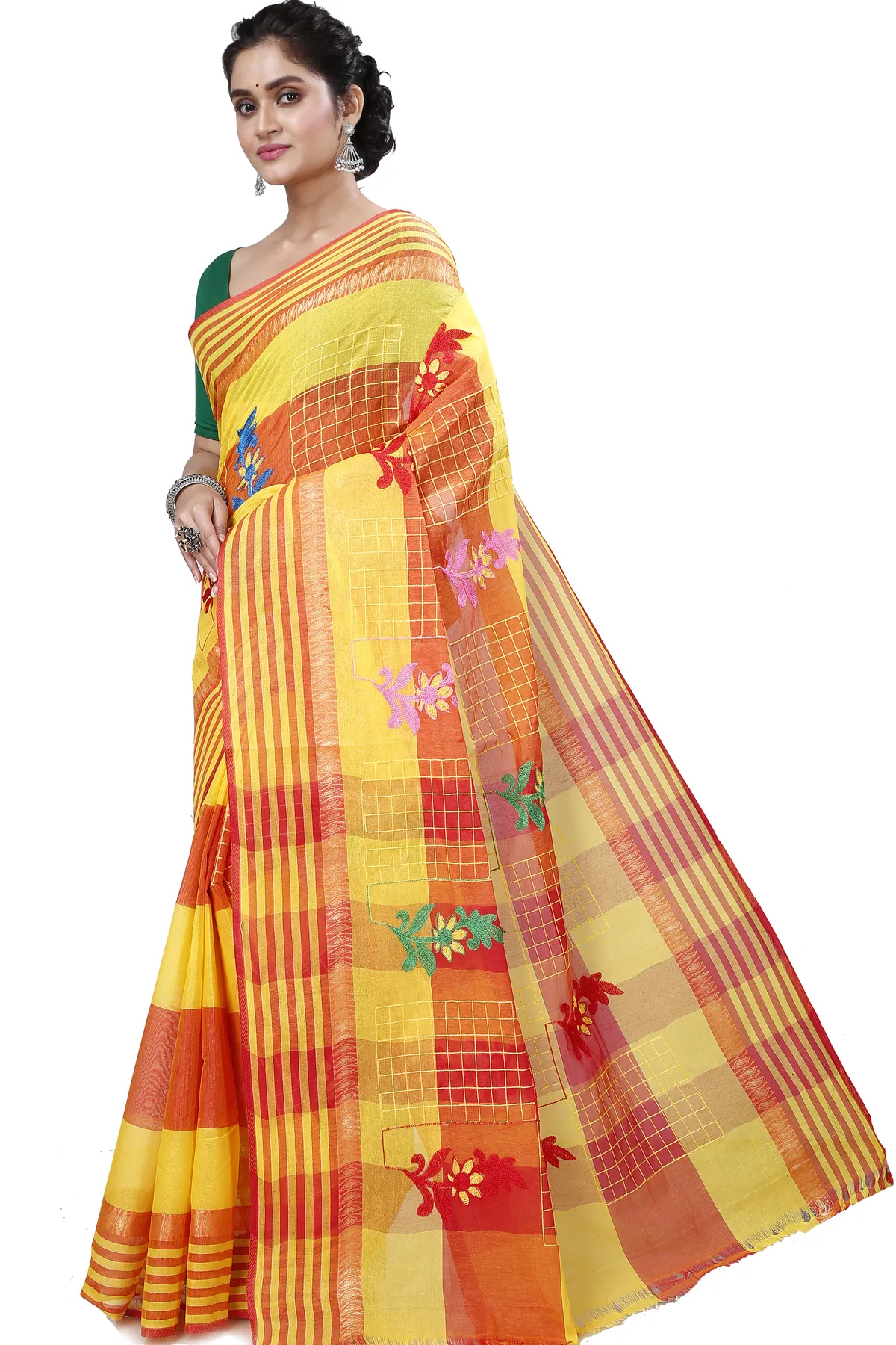 DipDiya Pure Cotton Yellow Rivka Bengal in Every Thread Embroidery Tant Sarees