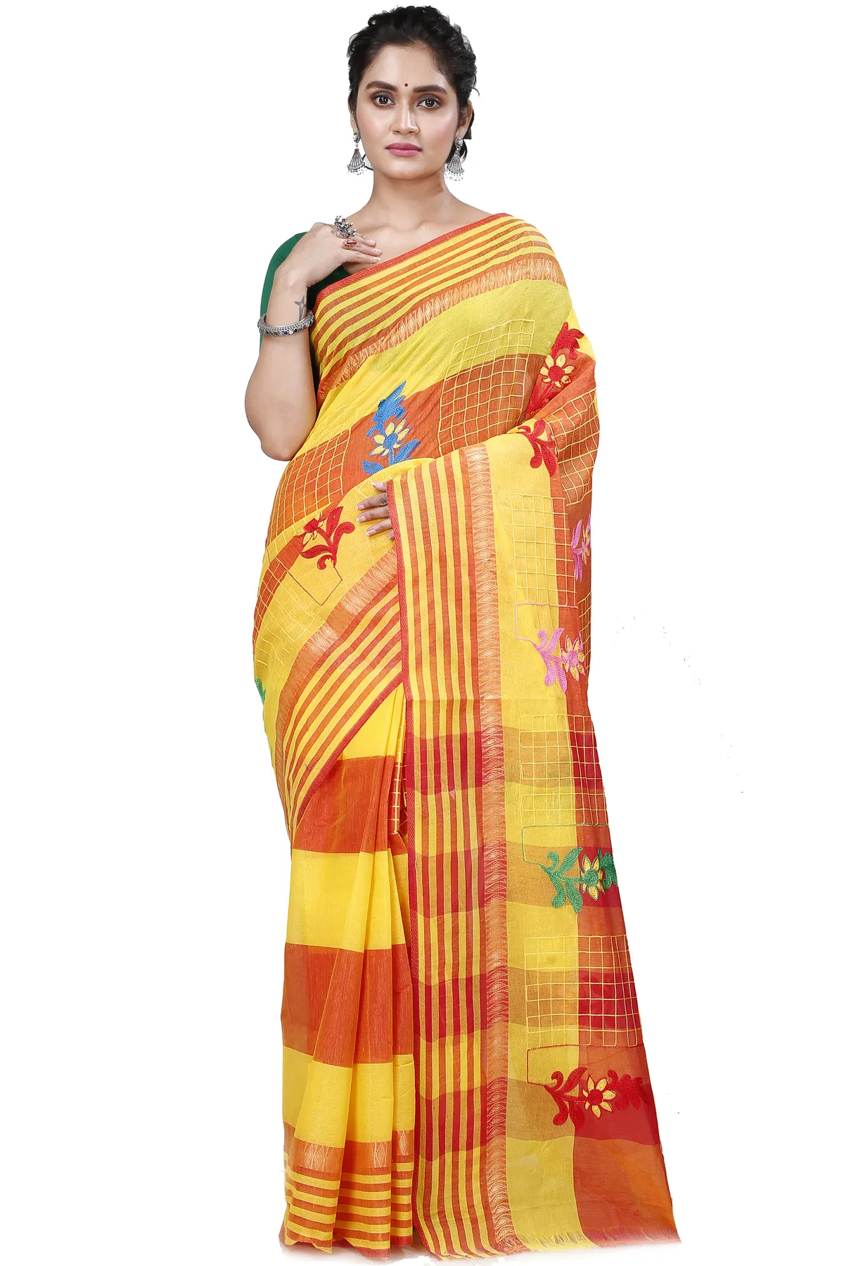 DipDiya Pure Cotton Yellow Rivka Bengal in Every Thread Embroidery Tant Sarees