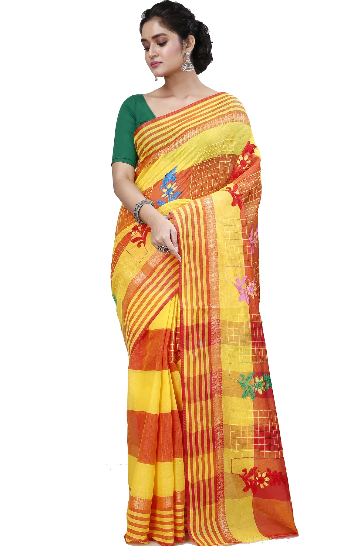 DipDiya Pure Cotton Yellow Rivka Bengal in Every Thread Embroidery Tant Sarees