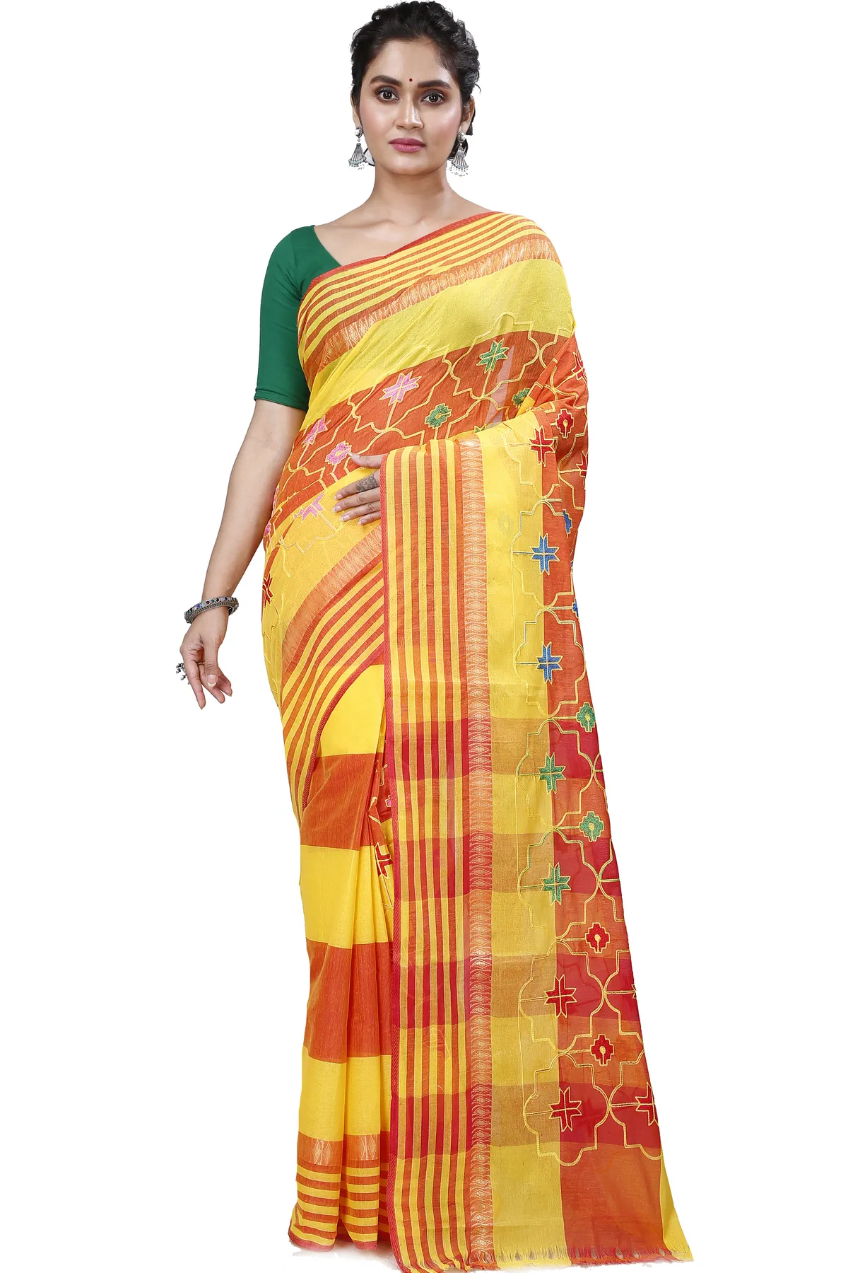 DipDiya Pure Cotton Yellow Ruby Bengal’s Legacy Embroidery Tant Sarees