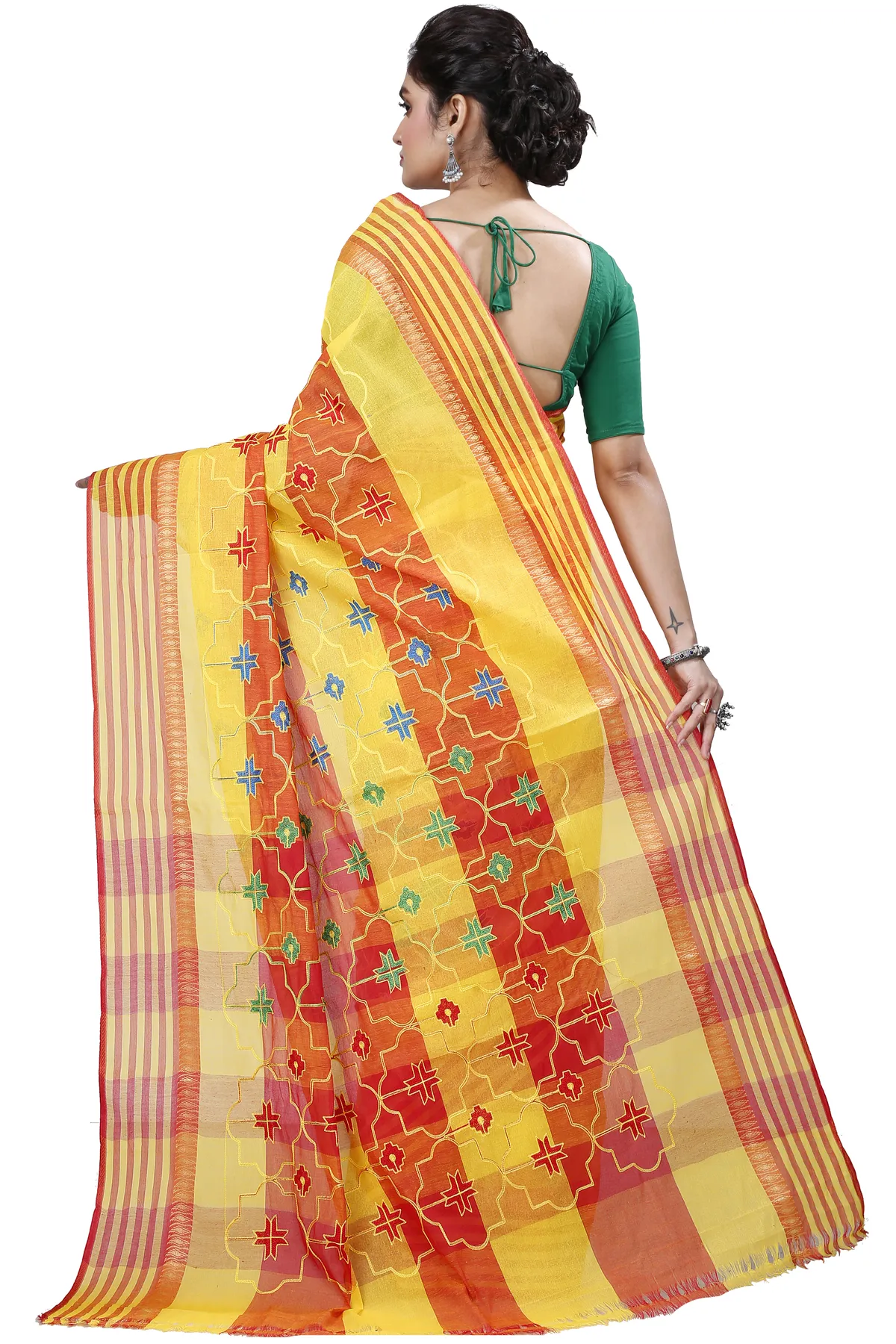 DipDiya Pure Cotton Yellow Ruby Bengal’s Legacy Embroidery Tant Sarees