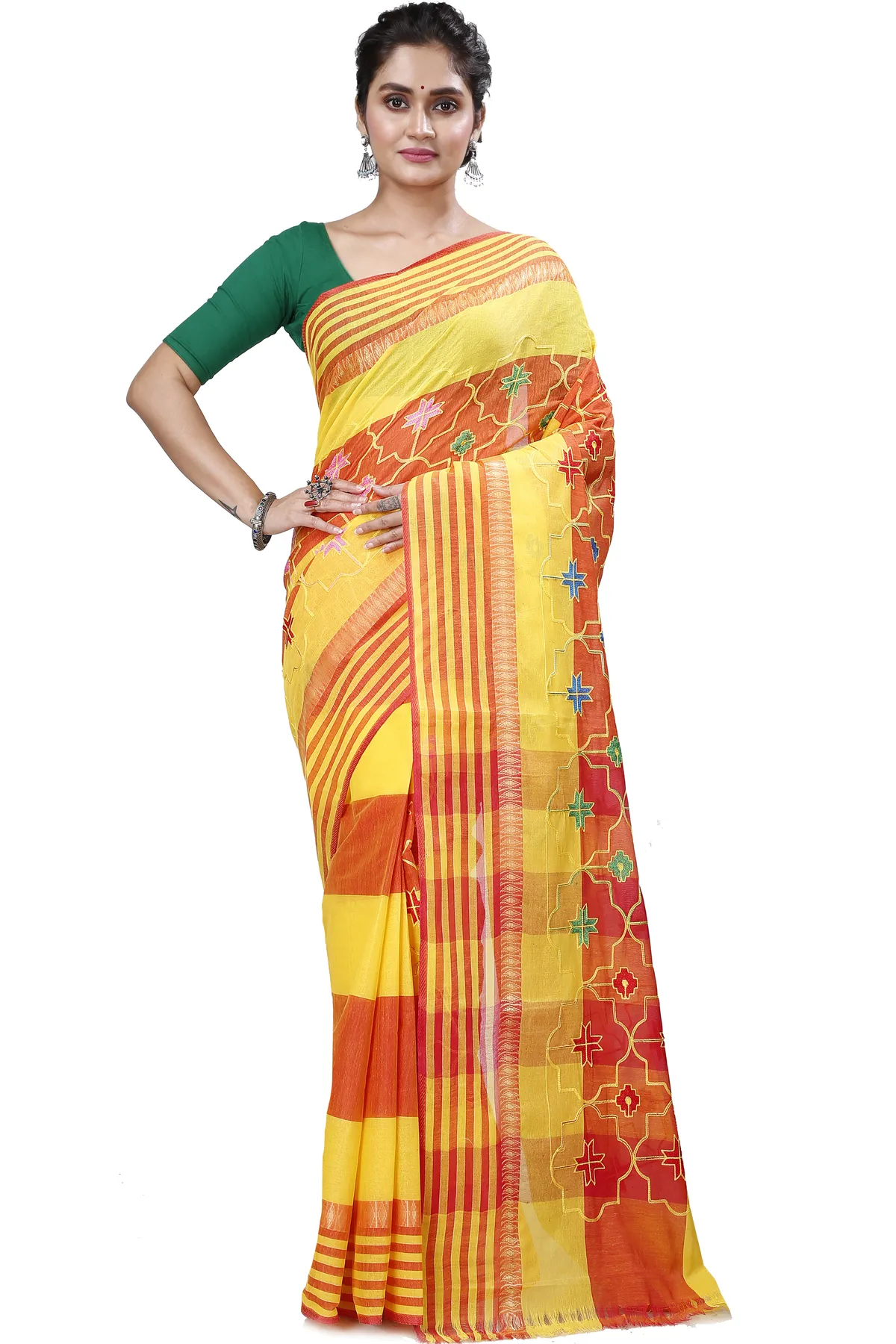 DipDiya Pure Cotton Yellow Ruby Bengal’s Legacy Embroidery Tant Sarees