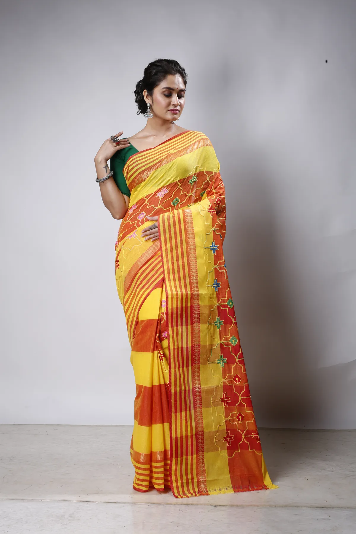 DipDiya Pure Cotton Yellow Ruby Bengal’s Legacy Embroidery Tant Sarees