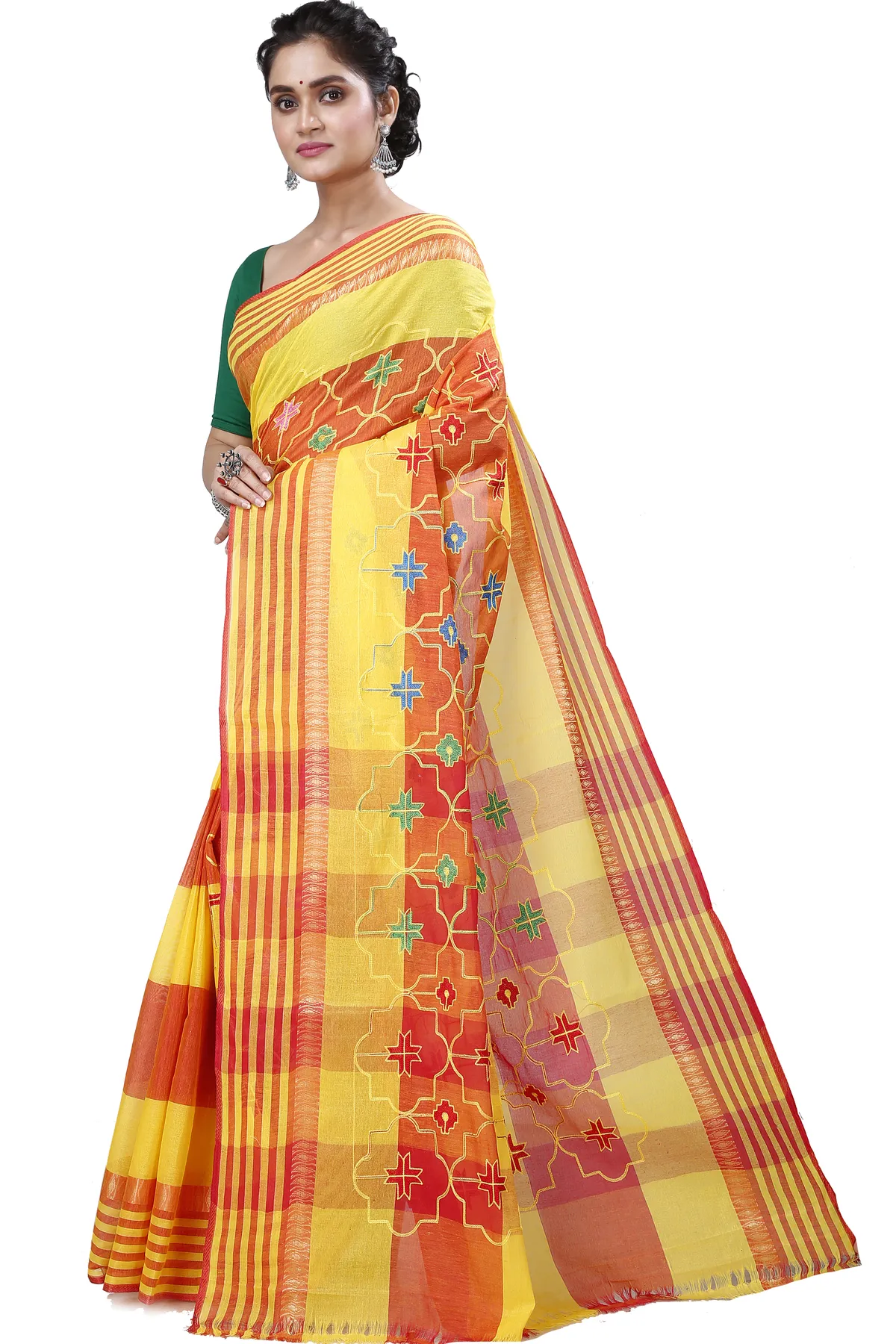 DipDiya Pure Cotton Yellow Ruby Bengal’s Legacy Embroidery Tant Sarees