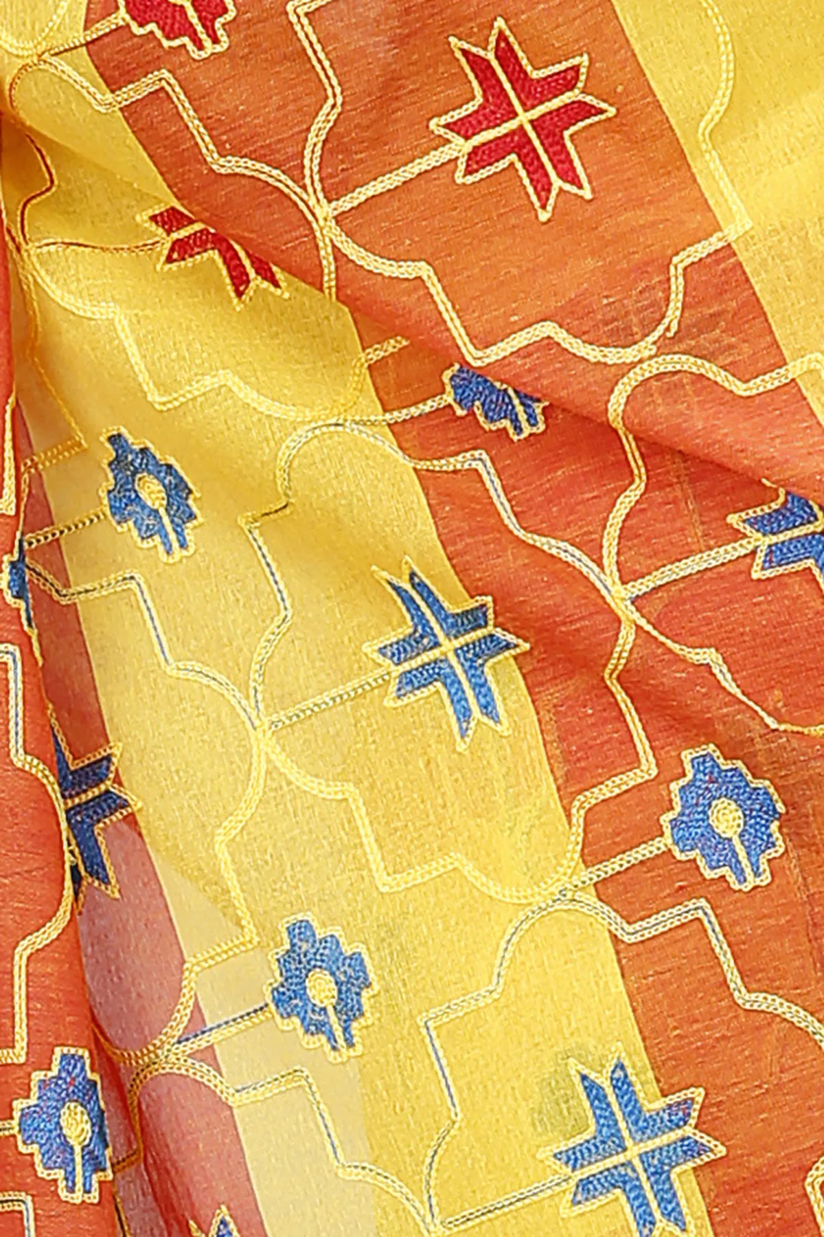 DipDiya Pure Cotton Yellow Ruby Bengal’s Legacy Embroidery Tant Sarees