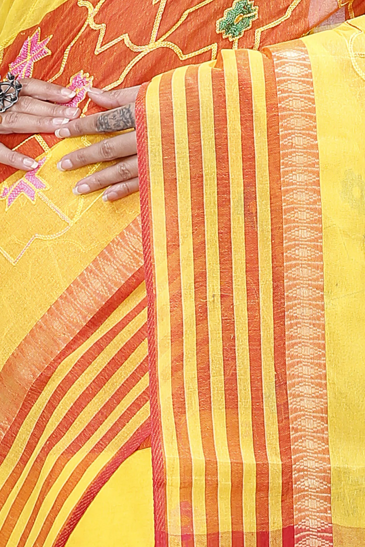 DipDiya Pure Cotton Yellow Ruby Bengal’s Legacy Embroidery Tant Sarees