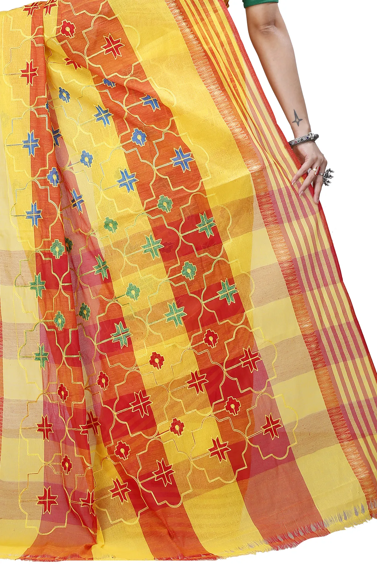 DipDiya Pure Cotton Yellow Ruby Bengal’s Legacy Embroidery Tant Sarees