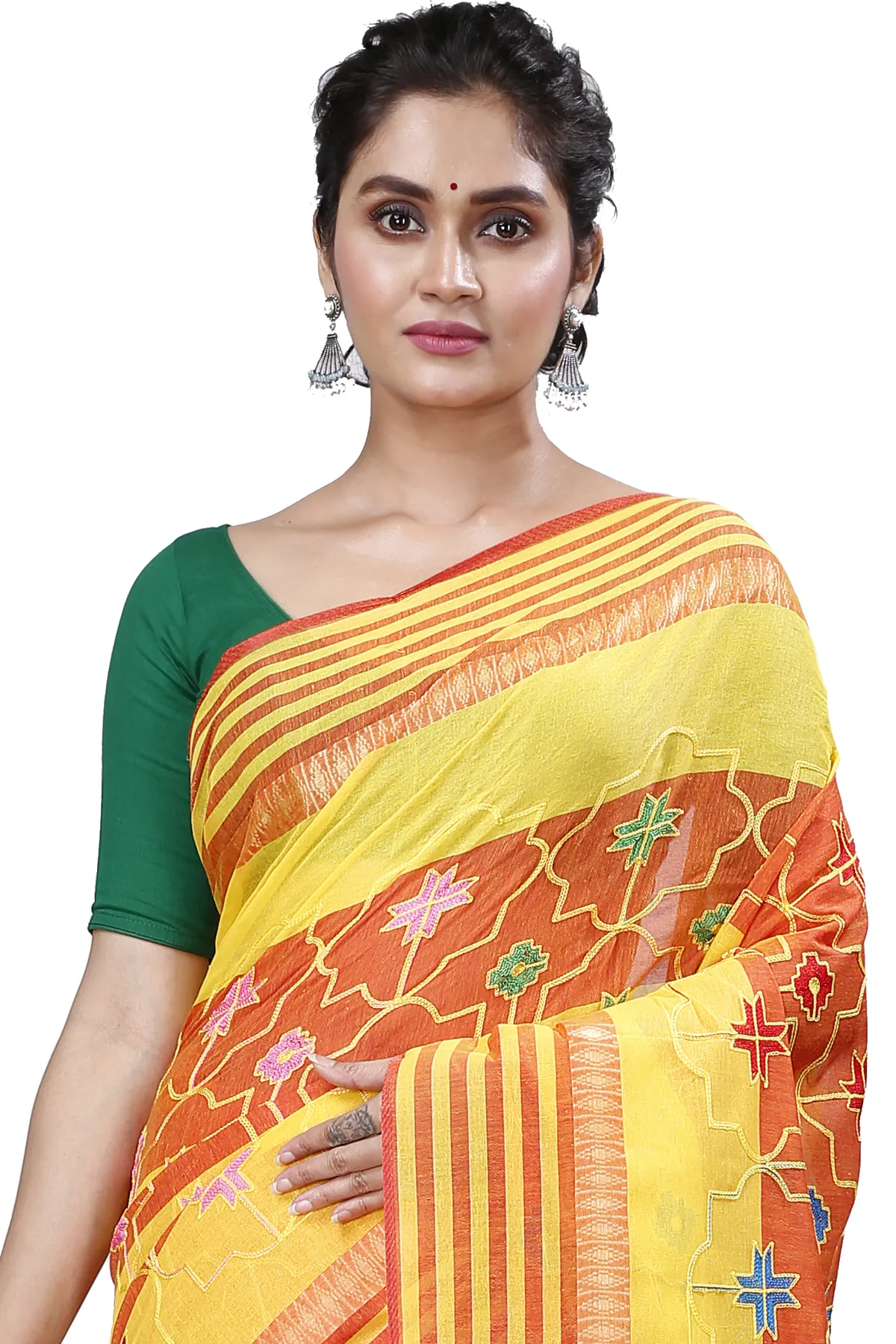 DipDiya Pure Cotton Yellow Ruby Bengal’s Legacy Embroidery Tant Sarees