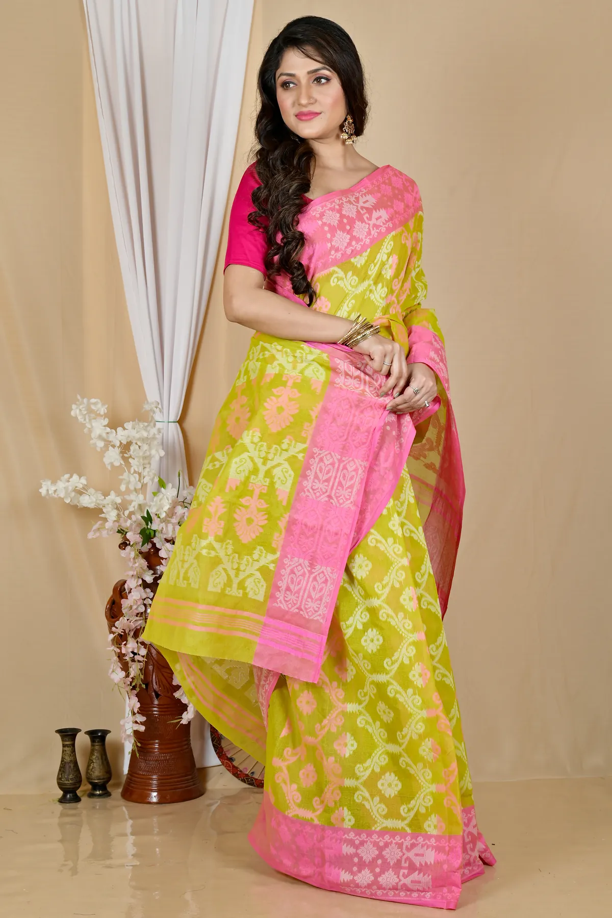 DipDiya Pure Cotton Yellow Semata Handcrafted Elegance Tant Sarees