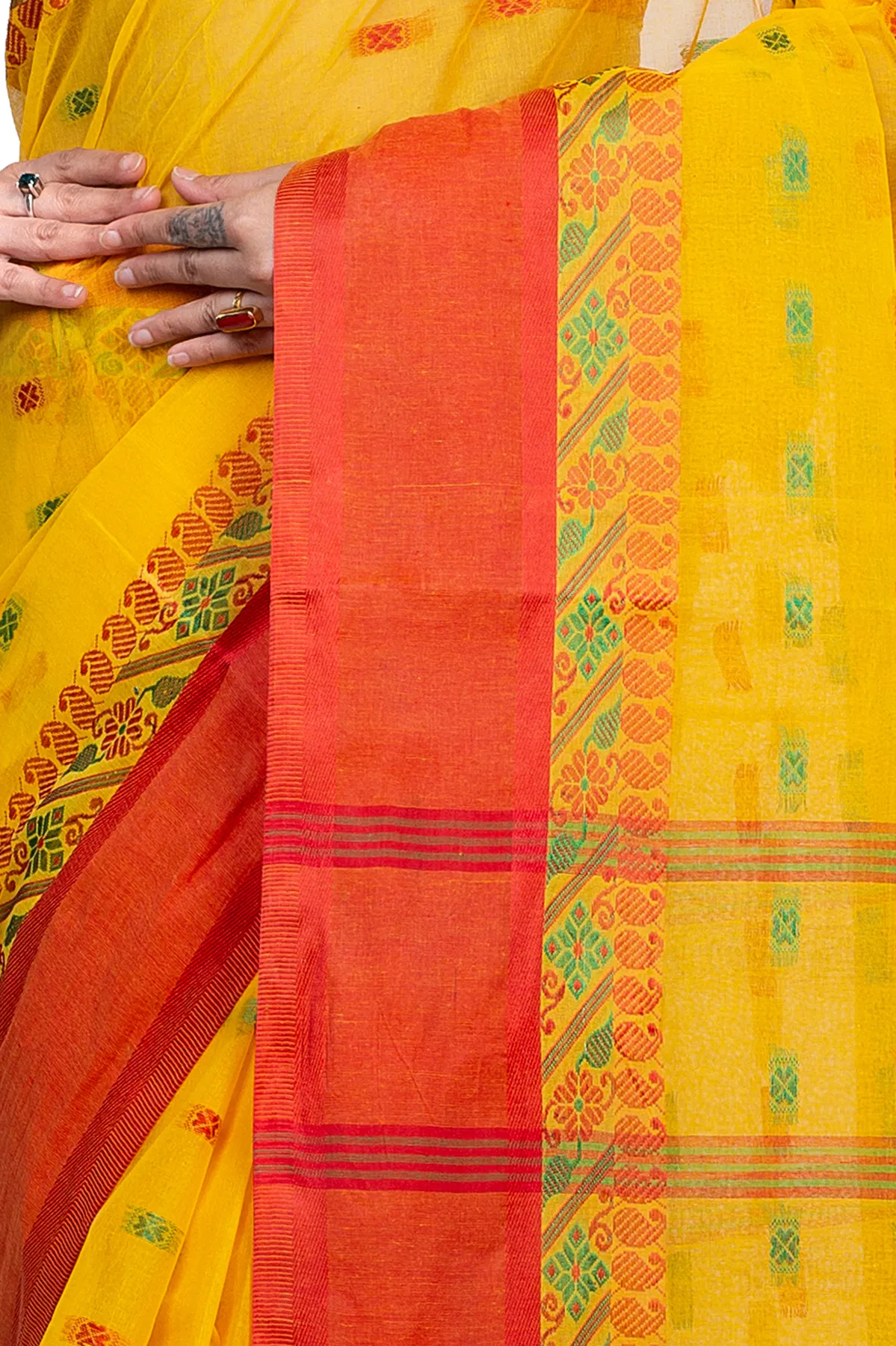 DipDiya Pure Cotton Yellow ToraPar Artisan Crafted Tant Sarees