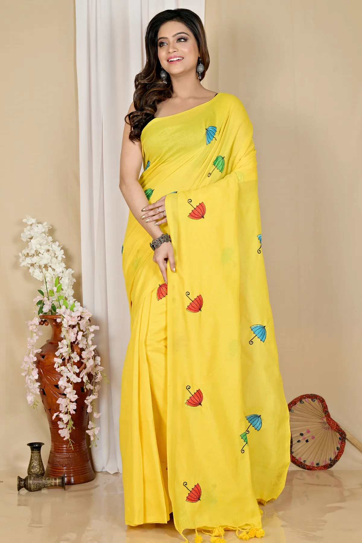 DipDiya Pure Cotton Yellow Umber Than Woven with Love Embroidery Handloom sarees