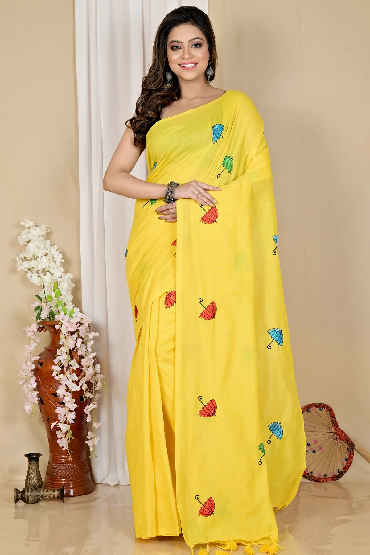 DipDiya Pure Cotton Yellow Umber Than Woven with Love Embroidery Handloom sarees