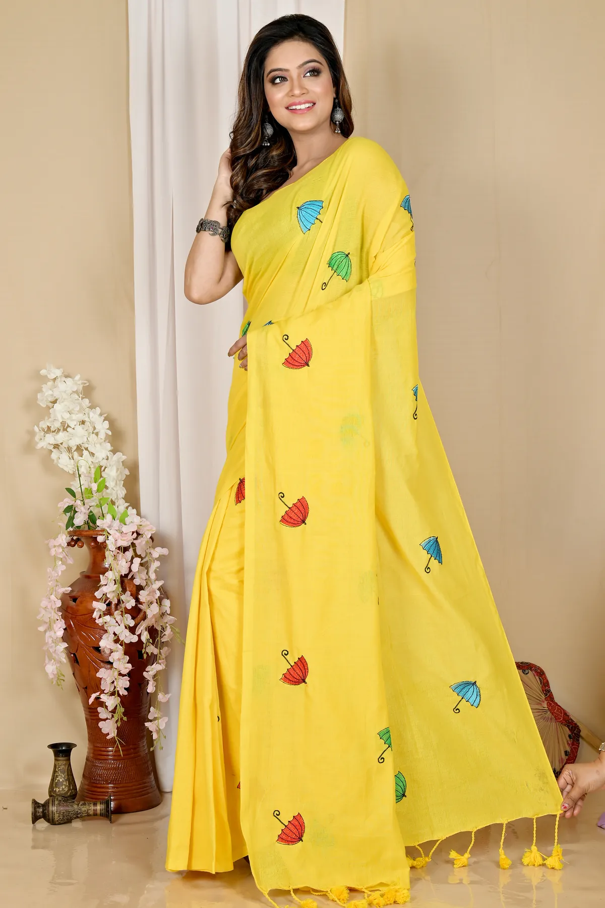 DipDiya Pure Cotton Yellow Umber Than Woven with Love Embroidery Handloom sarees
