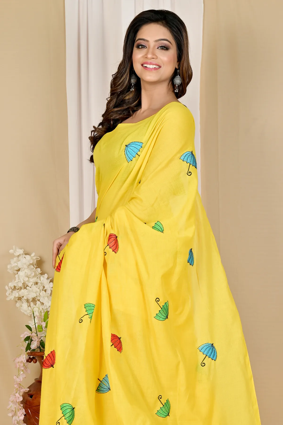 DipDiya Pure Cotton Yellow Umber Than Woven with Love Embroidery Handloom sarees