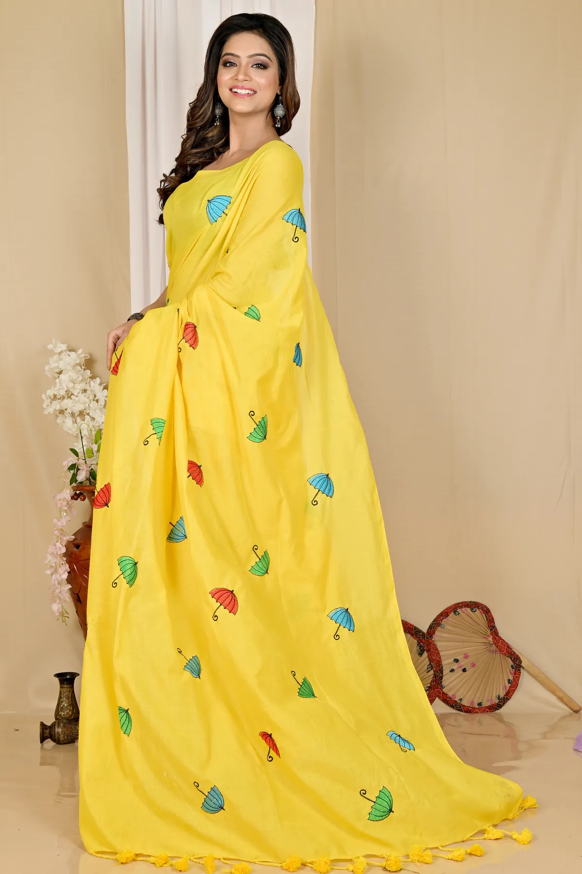 DipDiya Pure Cotton Yellow Umber Than Woven with Love Embroidery Handloom sarees