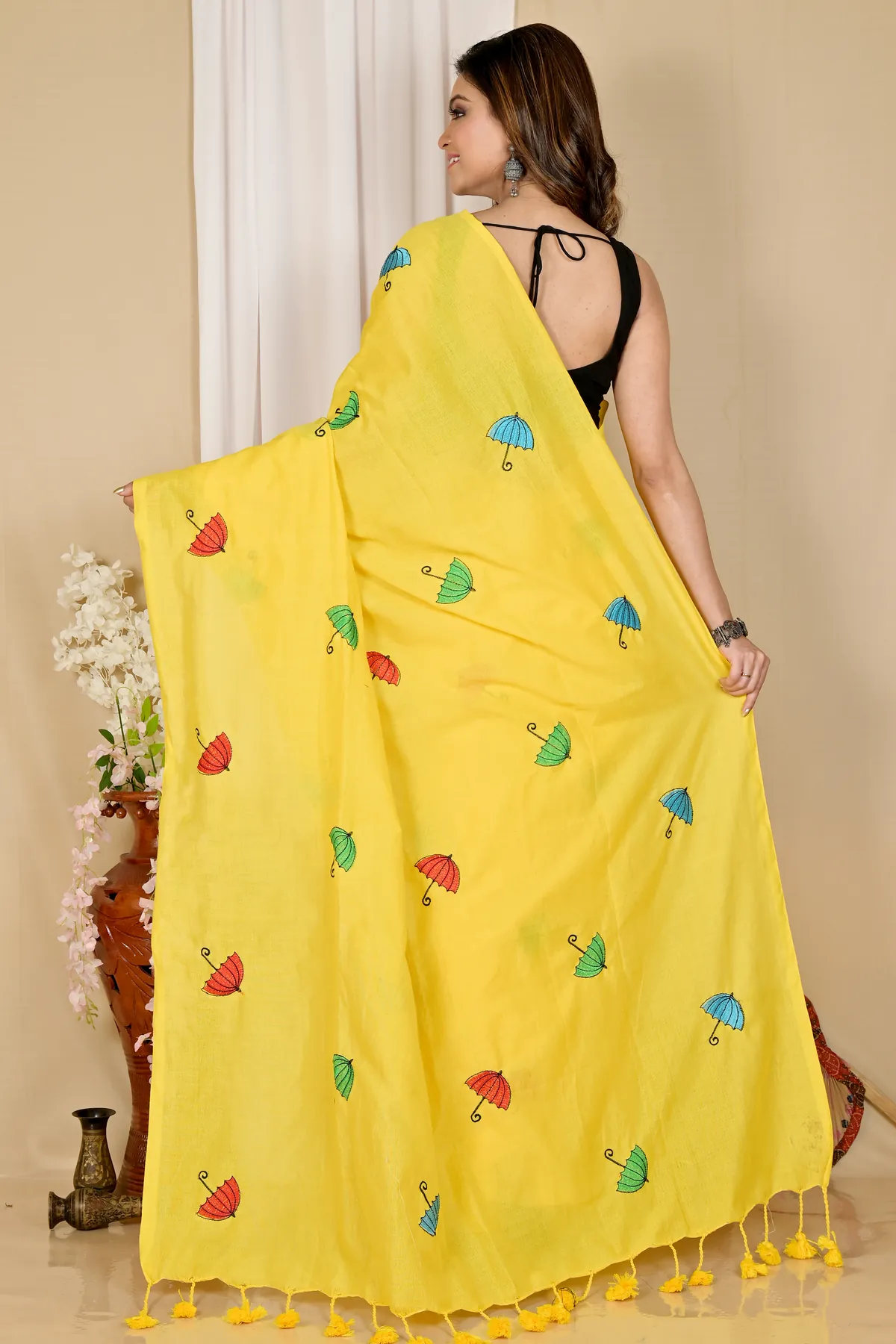 DipDiya Pure Cotton Yellow Umber Than Woven with Love Embroidery Handloom sarees