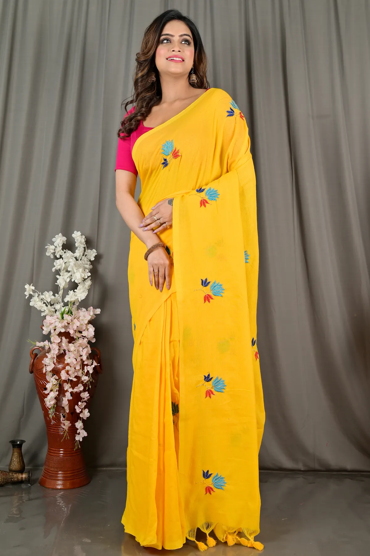 DipDiya Pure Cotton Yellow Umkor Than Rooted in Bengal Embroidery Handloom sarees