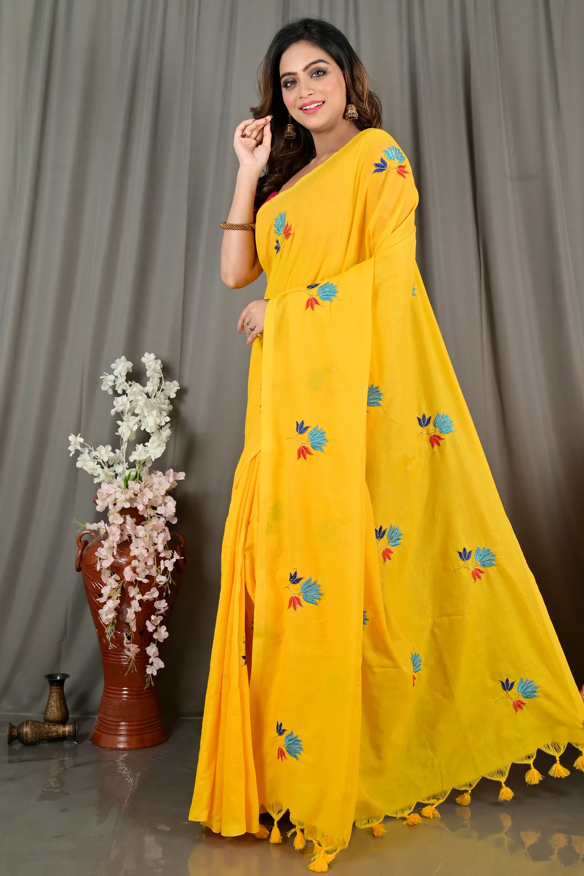 DipDiya Pure Cotton Yellow Umkor Than Rooted in Bengal Embroidery Handloom sarees