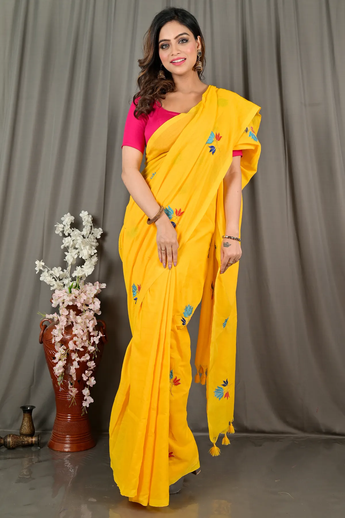 DipDiya Pure Cotton Yellow Umkor Than Rooted in Bengal Embroidery Handloom sarees