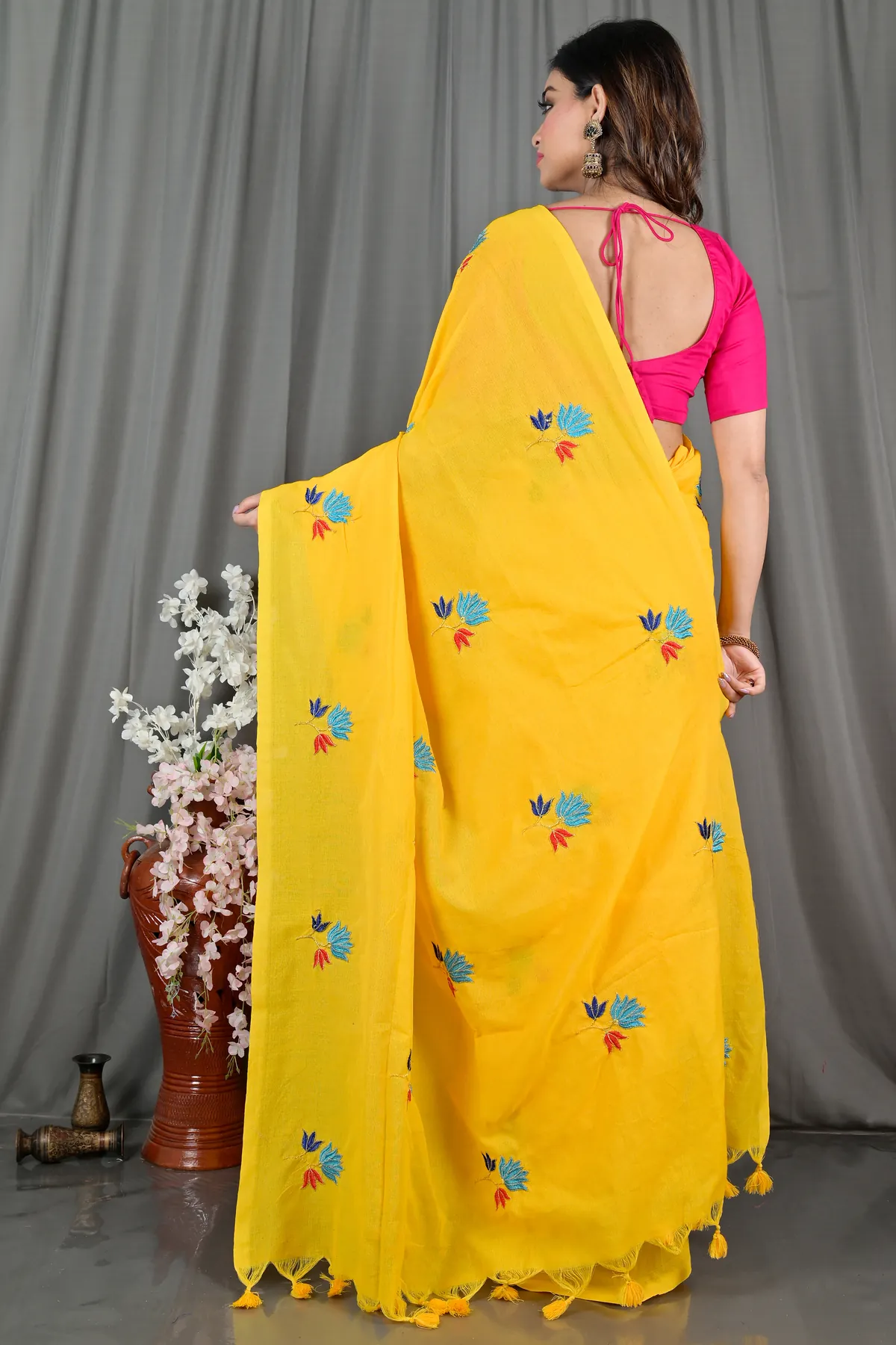 DipDiya Pure Cotton Yellow Umkor Than Rooted in Bengal Embroidery Handloom sarees