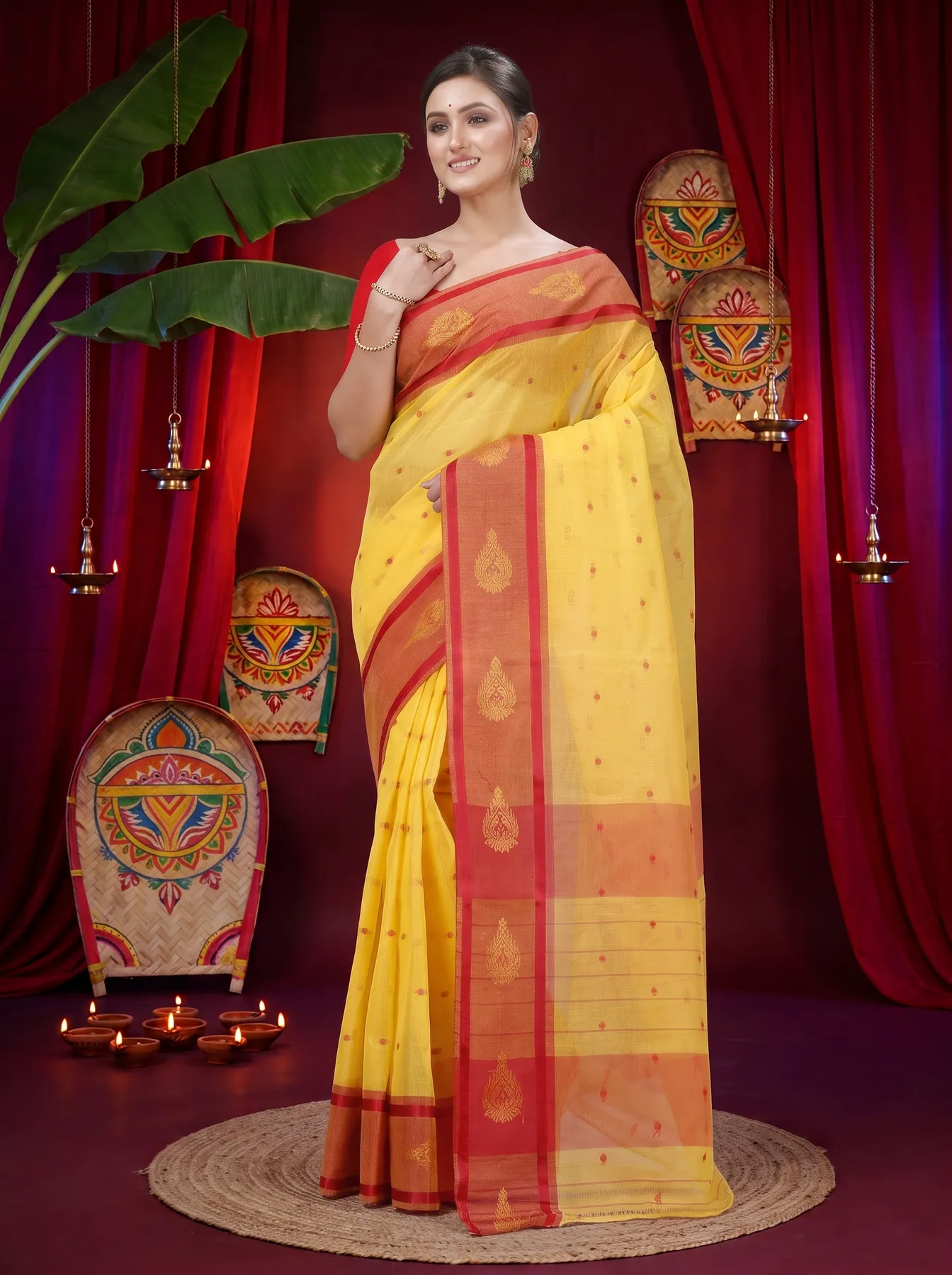 DipDiya Pure Cotton Yellow Upala Regal Bengali Tant Sarees