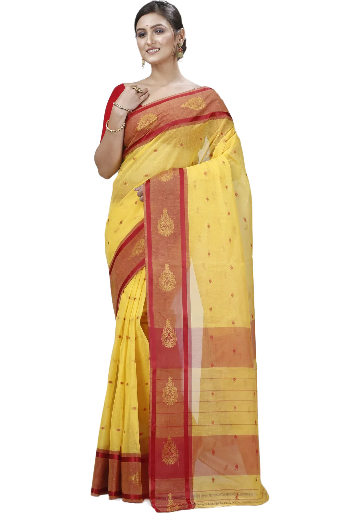 DipDiya Pure Cotton Yellow Upala Regal Bengali Tant Sarees