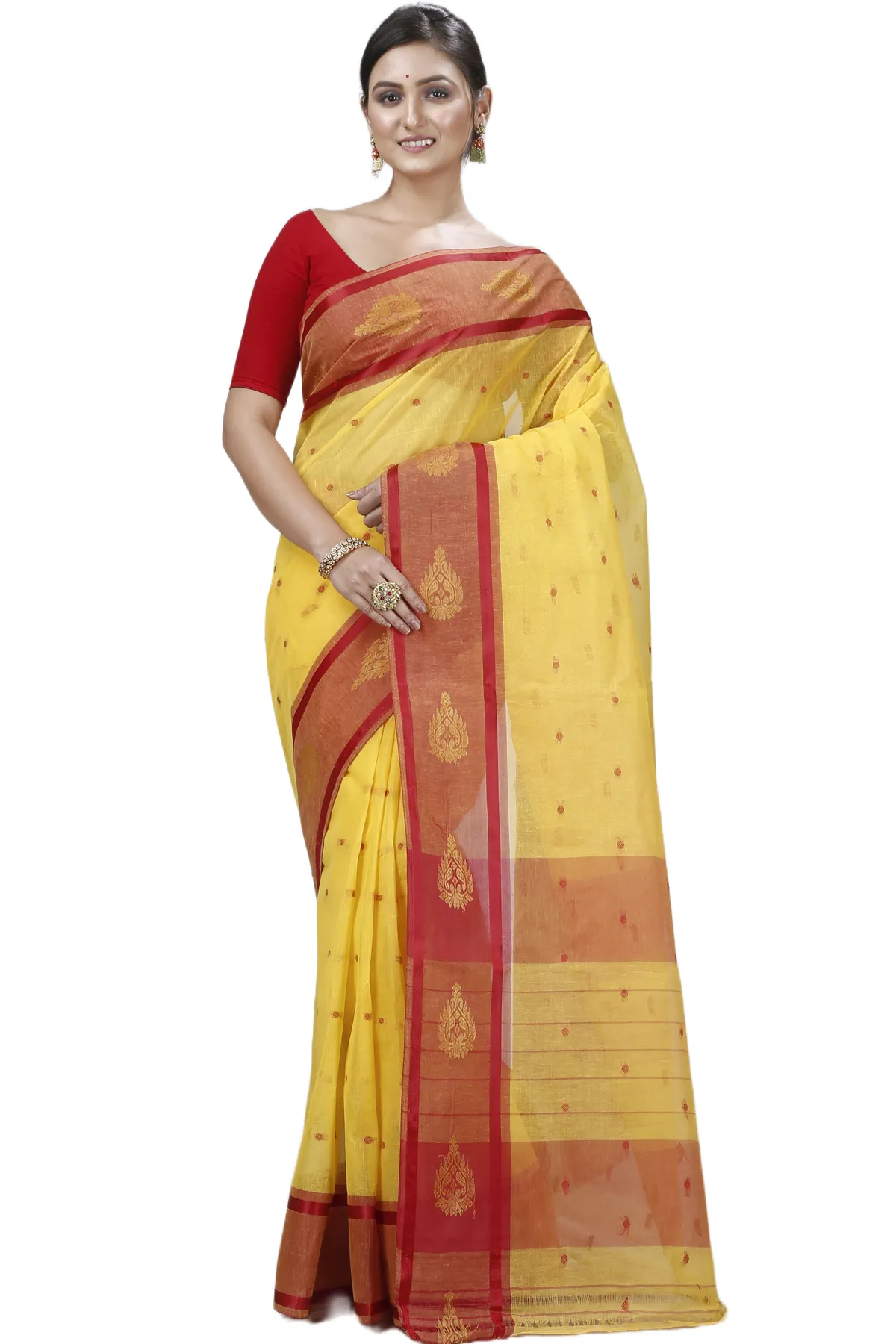 DipDiya Pure Cotton Yellow Upala Regal Bengali Tant Sarees