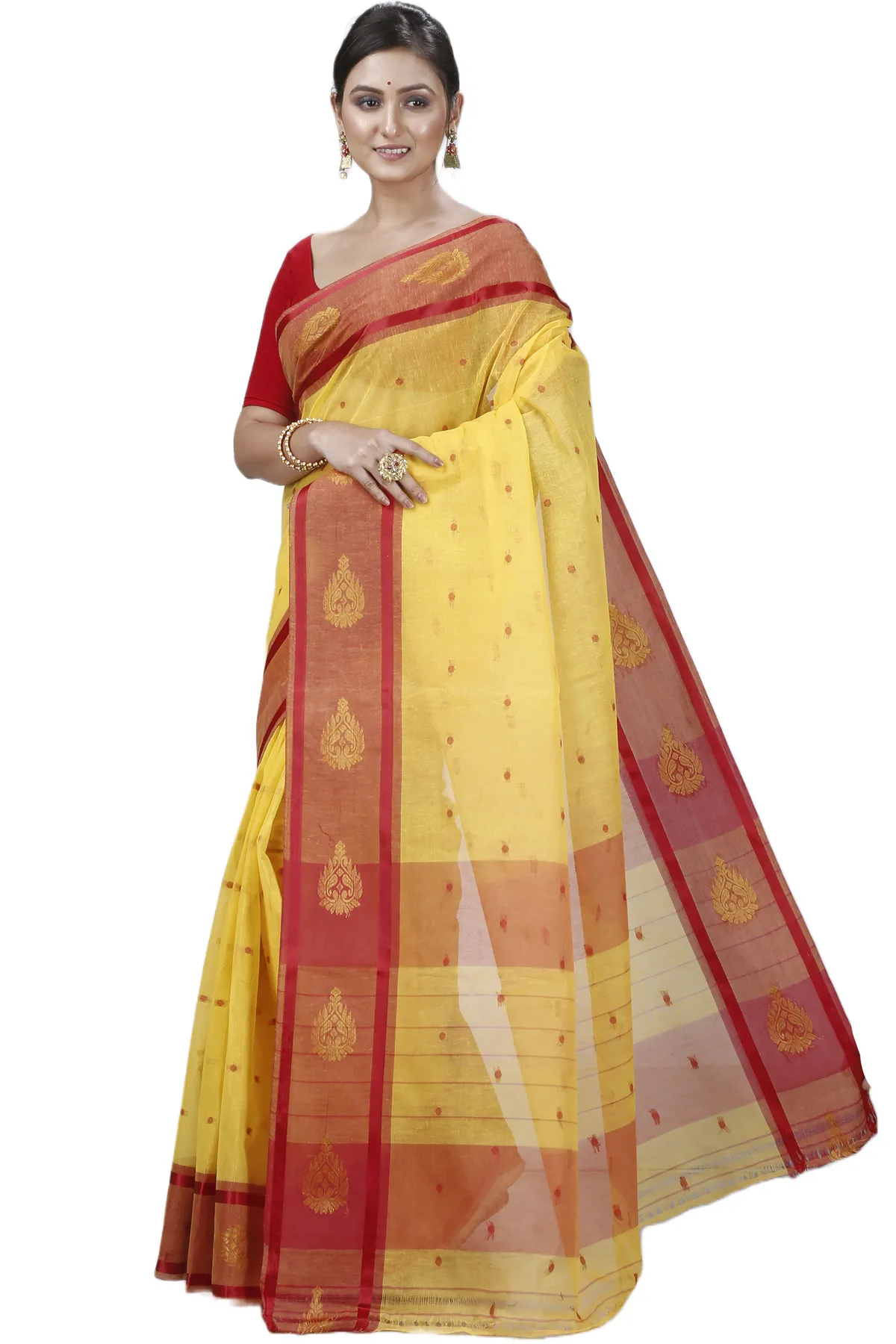 DipDiya Pure Cotton Yellow Upala Regal Bengali Tant Sarees