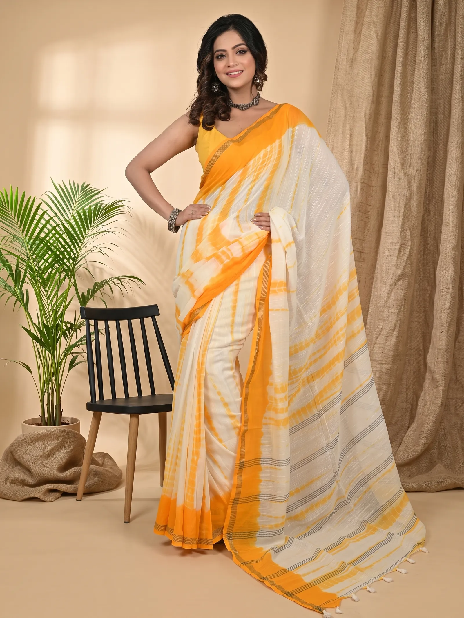 DipDiya Pure Cotton Yellow White Achmol Essence of Bengal Badhni Dye Sarees