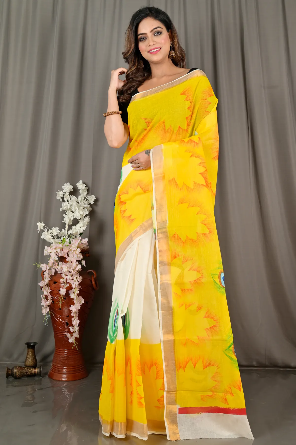DipDiya Pure Cotton Yellow White Hataka Handcrafted Elegances Hand Painted Sarees