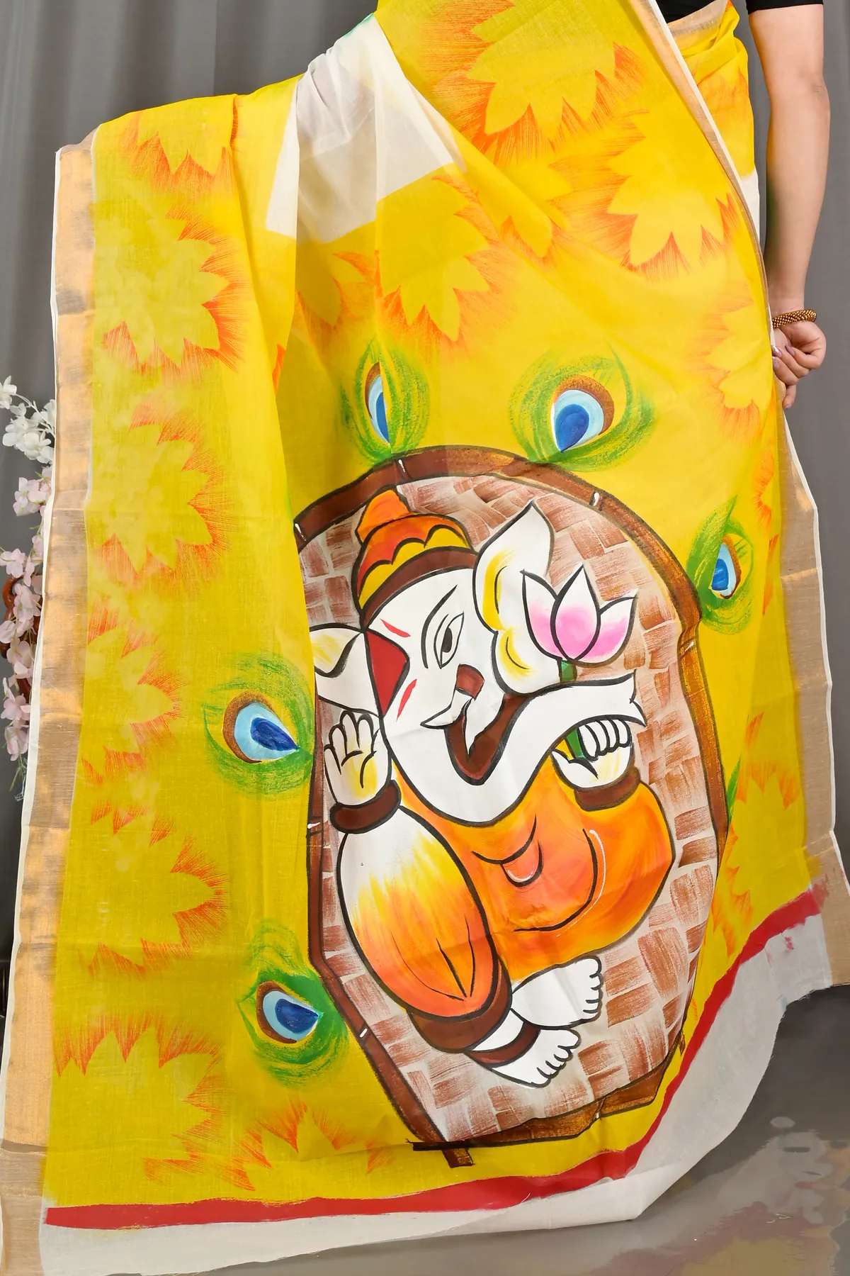 DipDiya Pure Cotton Yellow White Hataka Handcrafted Elegances Hand Painted Sarees