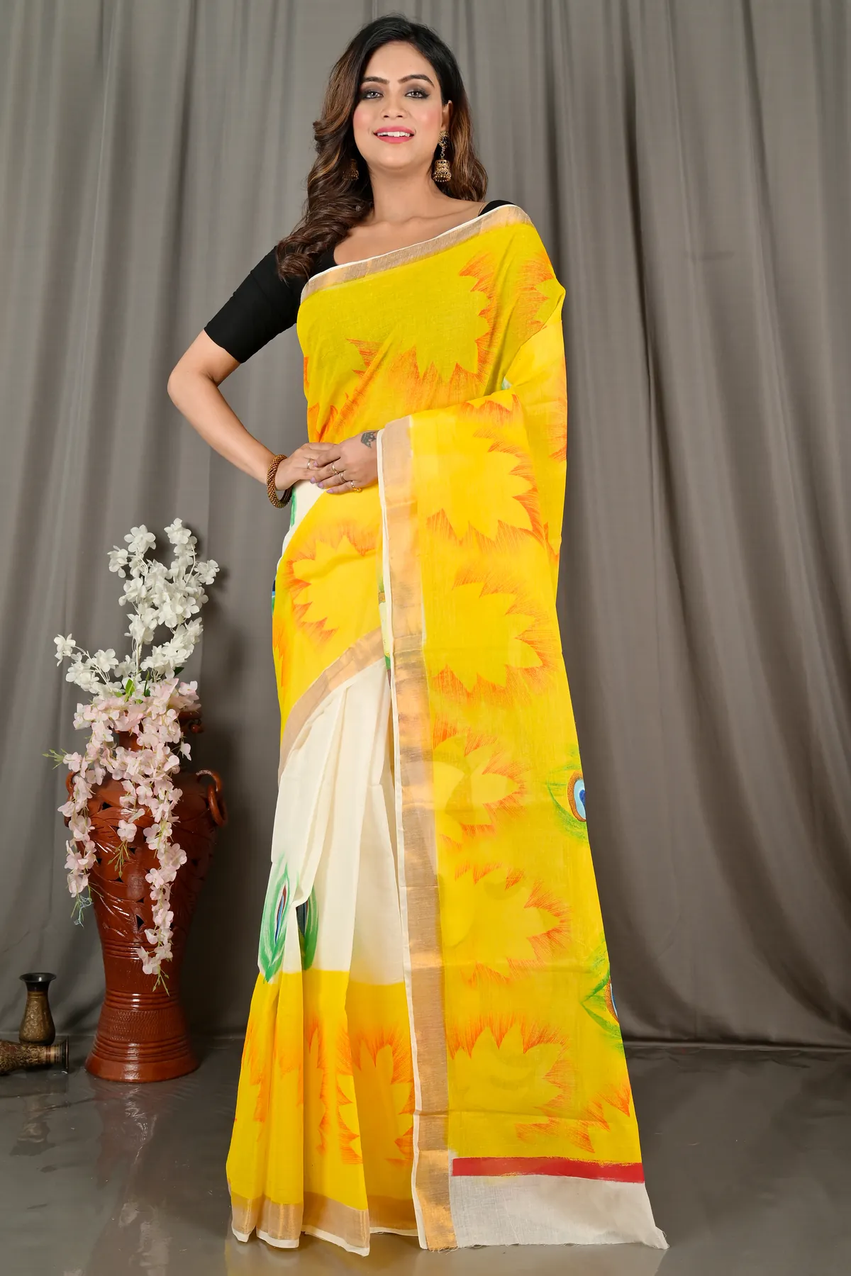 DipDiya Pure Cotton Yellow White Hataka Handcrafted Elegances Hand Painted Sarees