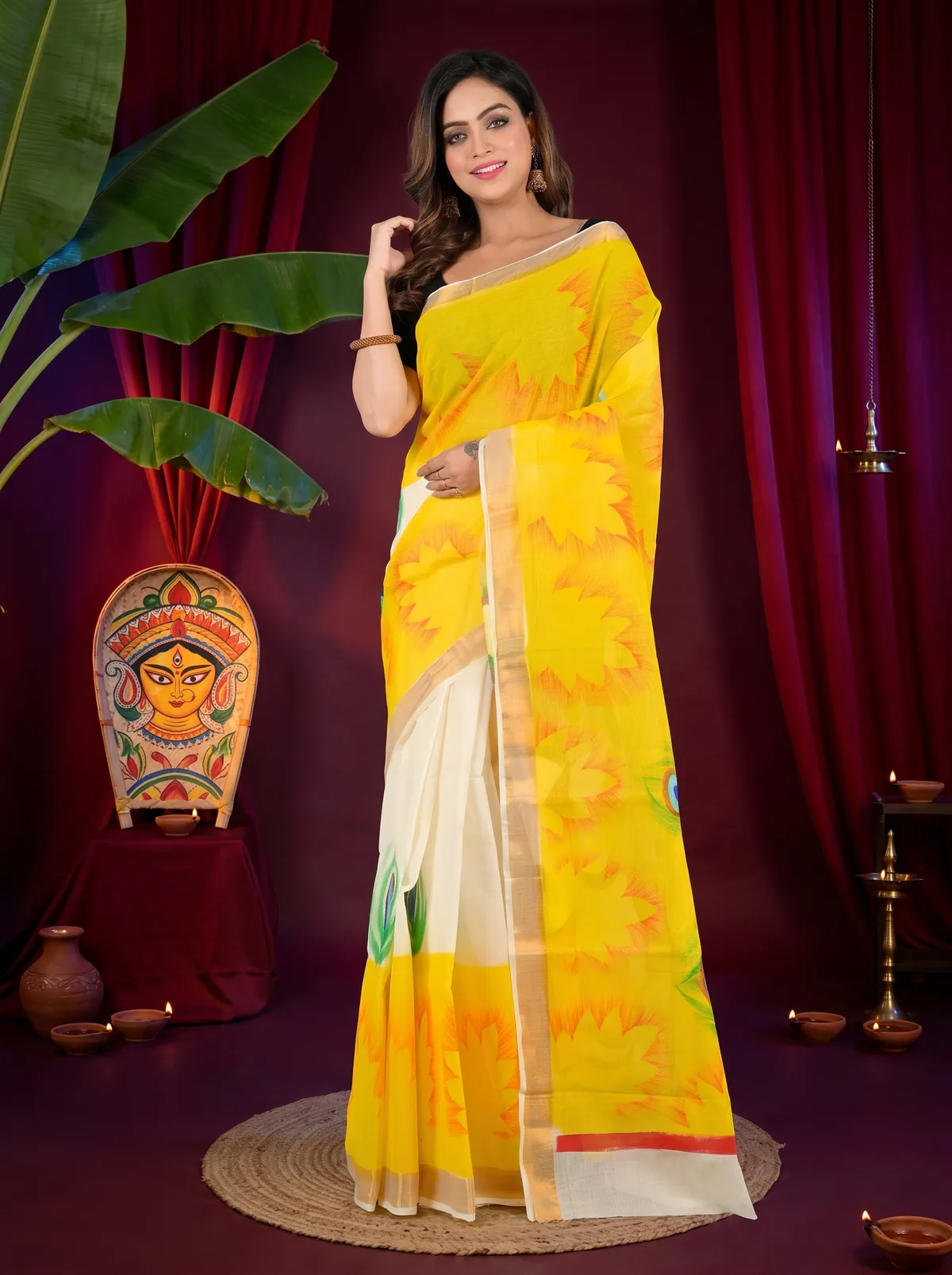 DipDiya Pure Cotton Yellow White Hataka Handcrafted Elegances Hand Painted Sarees
