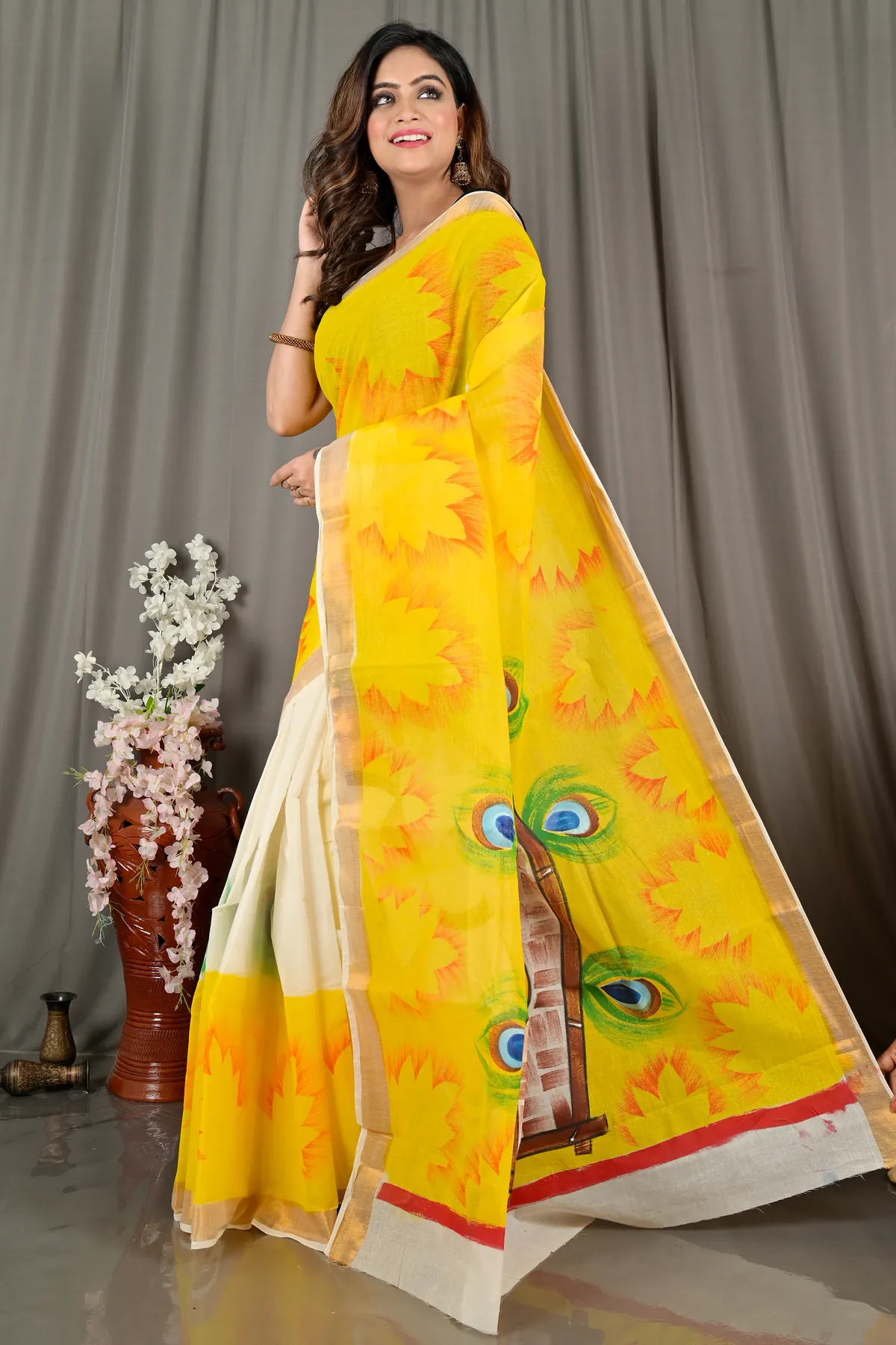 DipDiya Pure Cotton Yellow White Hataka Handcrafted Elegances Hand Painted Sarees